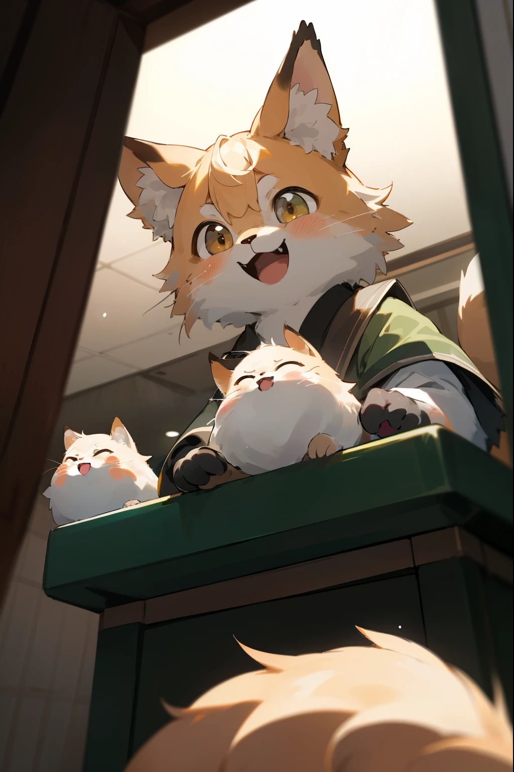 depth of field, perfect lighting, light particles,(best quality),(masterpiece),(ultra deTailed),sharp focus,light particles, Negi, Eyegod, blush, Brown_Eye, watching_exist_audience, Smile, Multi-person, hairy, animal_ear_fluff, Open_clothing, 双臂放exist腿上, Upper body, Tail, public toilet, toilet, Open mouth, from below, 双臂放exist腿上,
