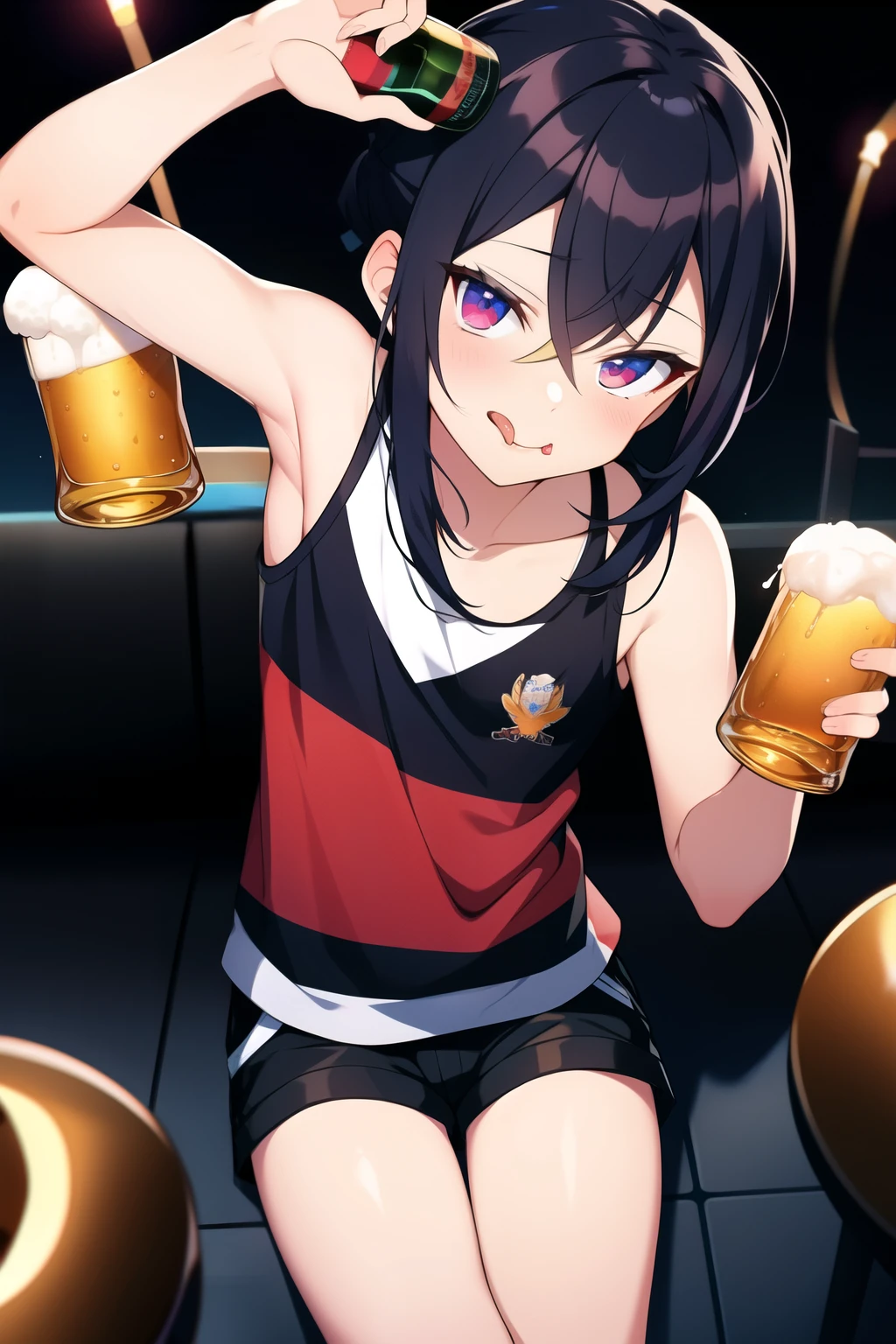 I can see all the way to my toes。Wearing fashionable clothes that emphasize the chest。chest is small。wearing shorts。hair tied back、He is provoking while looking at me and sticking out his tongue.。I'm in a dark, lit club。Angle from above。Getting drunk while drinking bottled beer