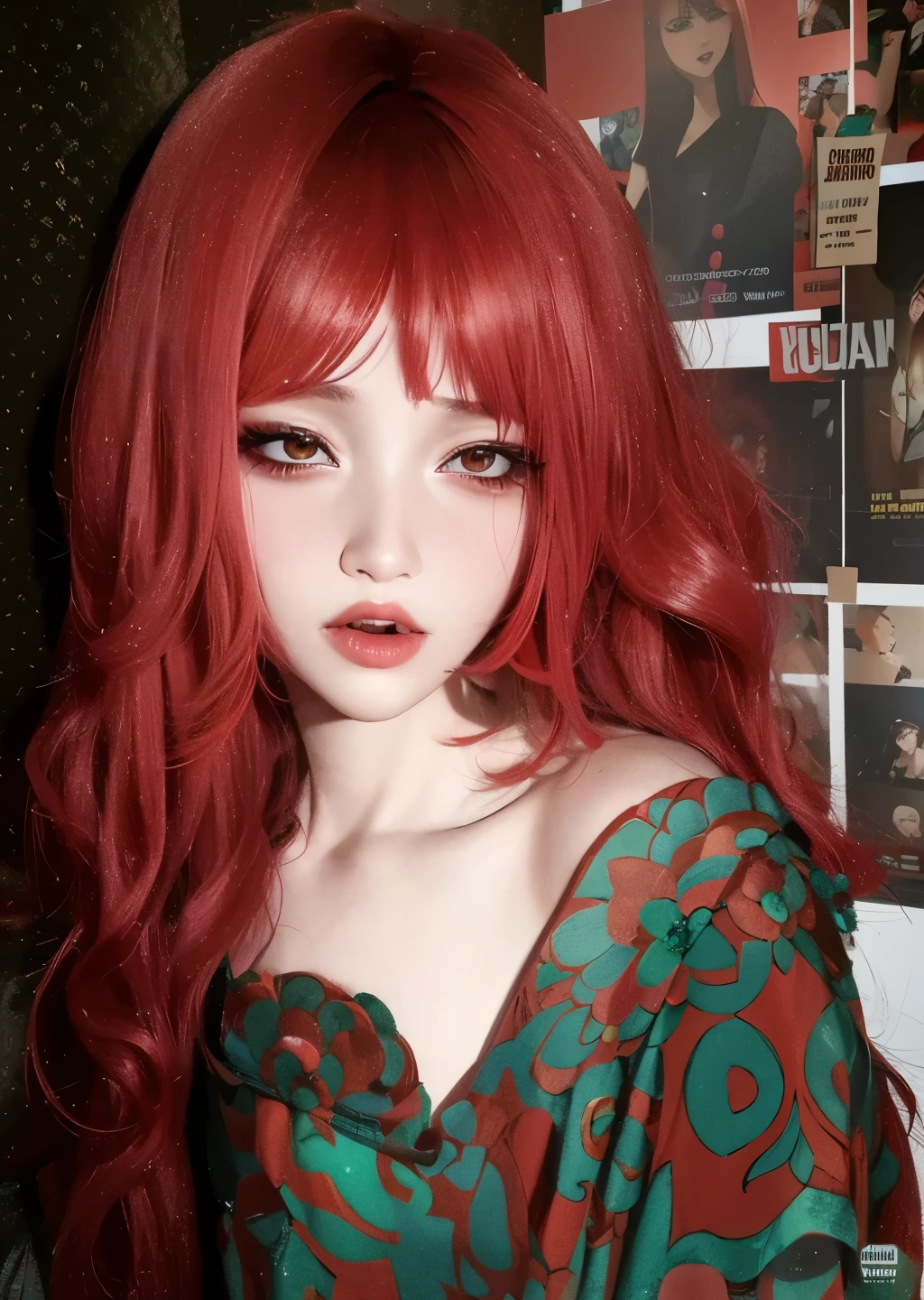 a close up of a woman Con cabello rojo and a green dress, con pelo rojo rizado, peluca roja, crimson red hair and red eyes, Cabello rojo ondulado y vibrante, con el pelo largo y rojo, dyed red hair, Con cabello rojo, pelo largo y ondulado rojo, pelo ondulado rojo sucio, pelo rojo grande ondulado, Tonos rojos y verdes, con cabello largo y ondulado de color rojo