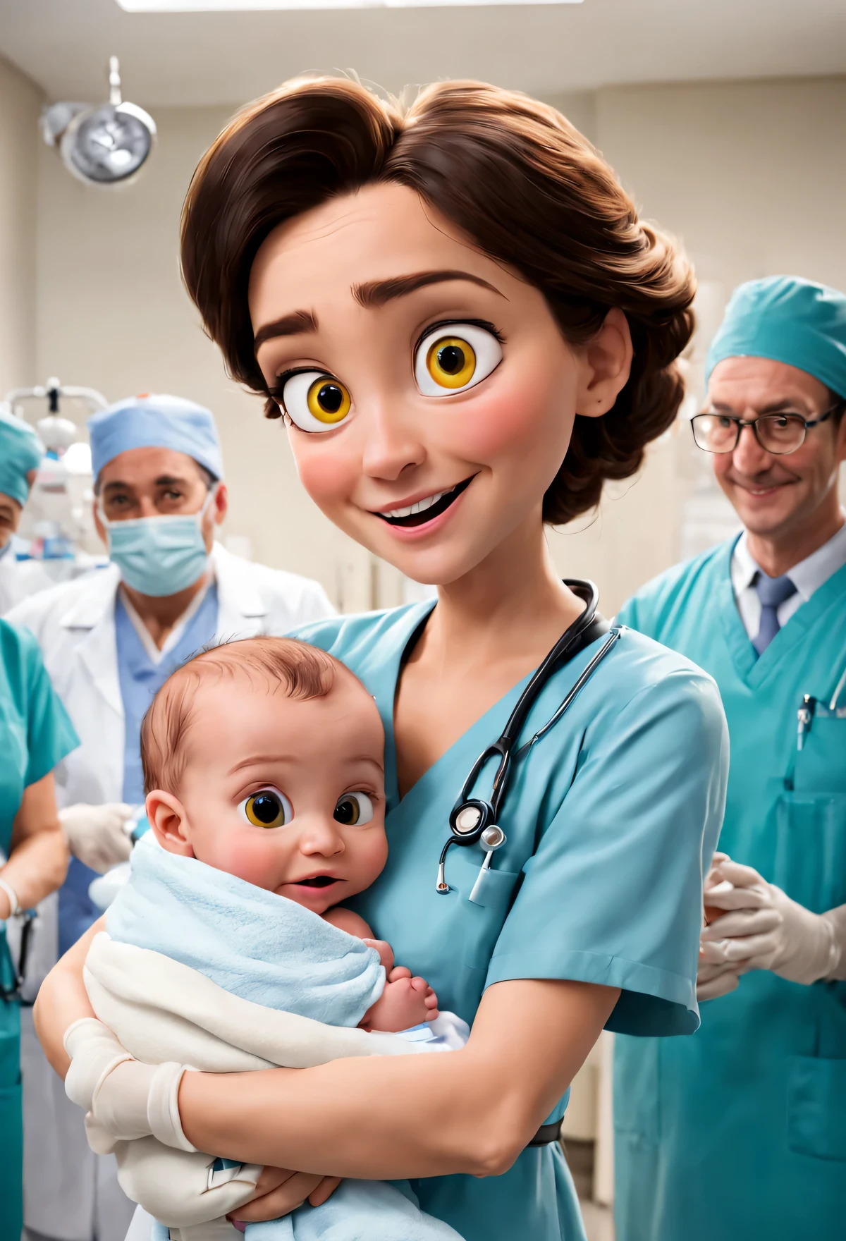 smiling mother holding her  with yellow eyes, disney Pixar, alta calidad, hospital environment surrounded by doctors and surgeons