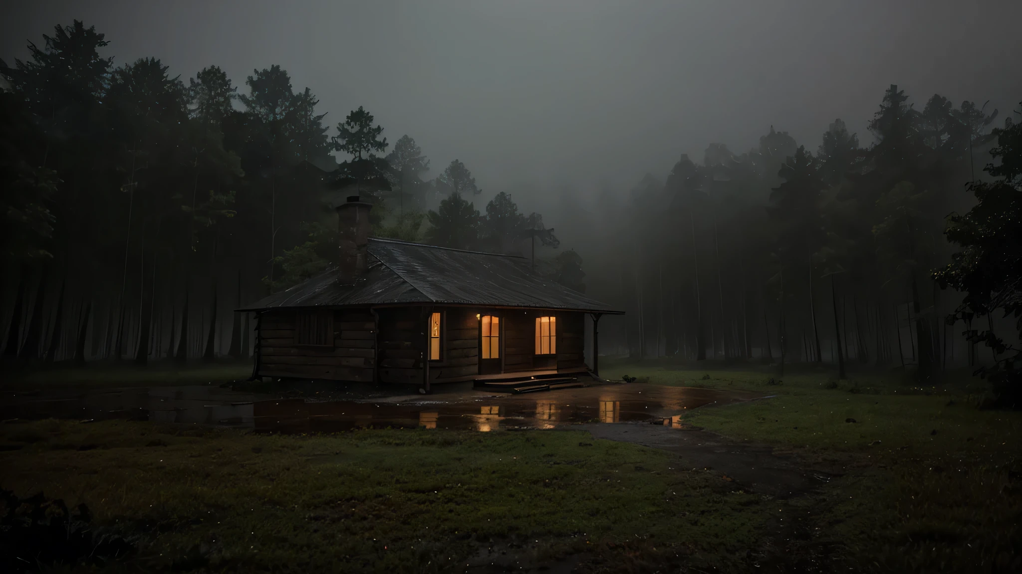 casa de acampamento no meio da floresta em uma noite chuvosa e nevoenta, wet floor, dark sky


