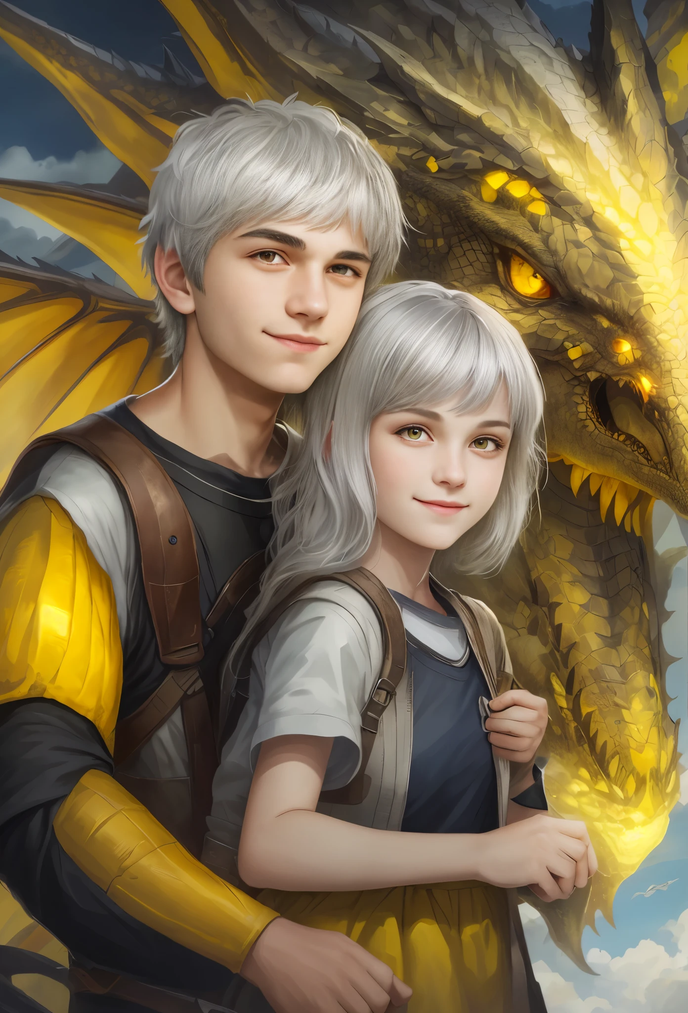 High resolution, portrait, boy with gray hair, short hair and girl with dark hair, 18 years old, yellow eyes, smile, portrait, huge dragon face and sky in the background, realism, fantasy