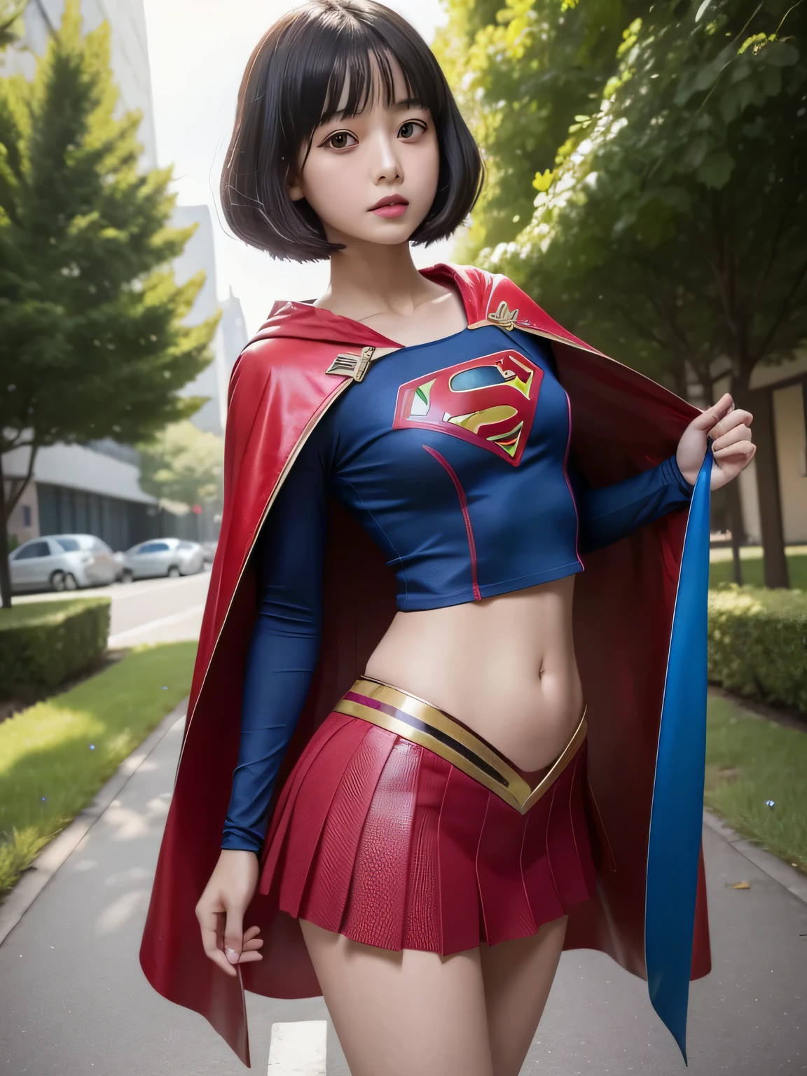 super girl elementary school student, masterpiece, highest quality, abstract, psychedelic, neon, (honeycomb pattern), (creative:1.3), fantasy 00d、 black hair、bob cut with trimmed ends、flat chest、Thin crotch、lolicon、&#39;face、standing on the walkway、Shining crotch、belly button、High-leg style、red cloak、Swelling of the nipples、bewitching pose