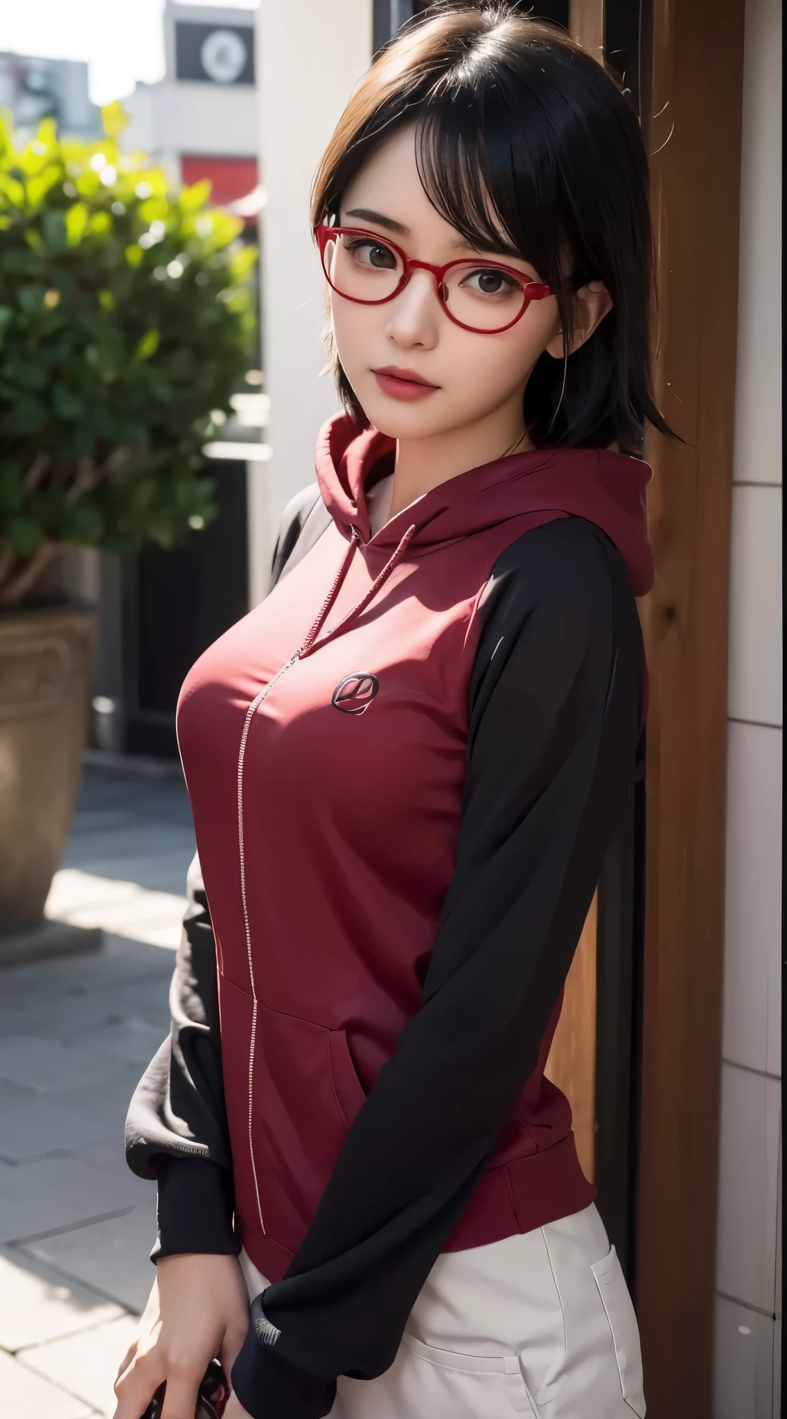 1 girl, create a character (uchiha sarada) with photo realistic, real life, features, wearing red glasses, red glasses accessories, short hair, bangs sweeping to the left, with a medium sized left sponge hairstyle, cute face, beautiful teenager, glowing skin, deep red eye lenses, pink lips/lipstick, expression focused on the screen, with a sweet faint smile, half body, sexy body, large/medium breasts, photo size: 6-19, Tokyo Street, evening , cityscape, city lights, upper body, RAW photos , best quality, masterpiece, realistic, photo-realistic, plain yellow hoodie, half body, bangs, jet black puff, freestyle photos,( jaket punk in love ) sport riexsond 