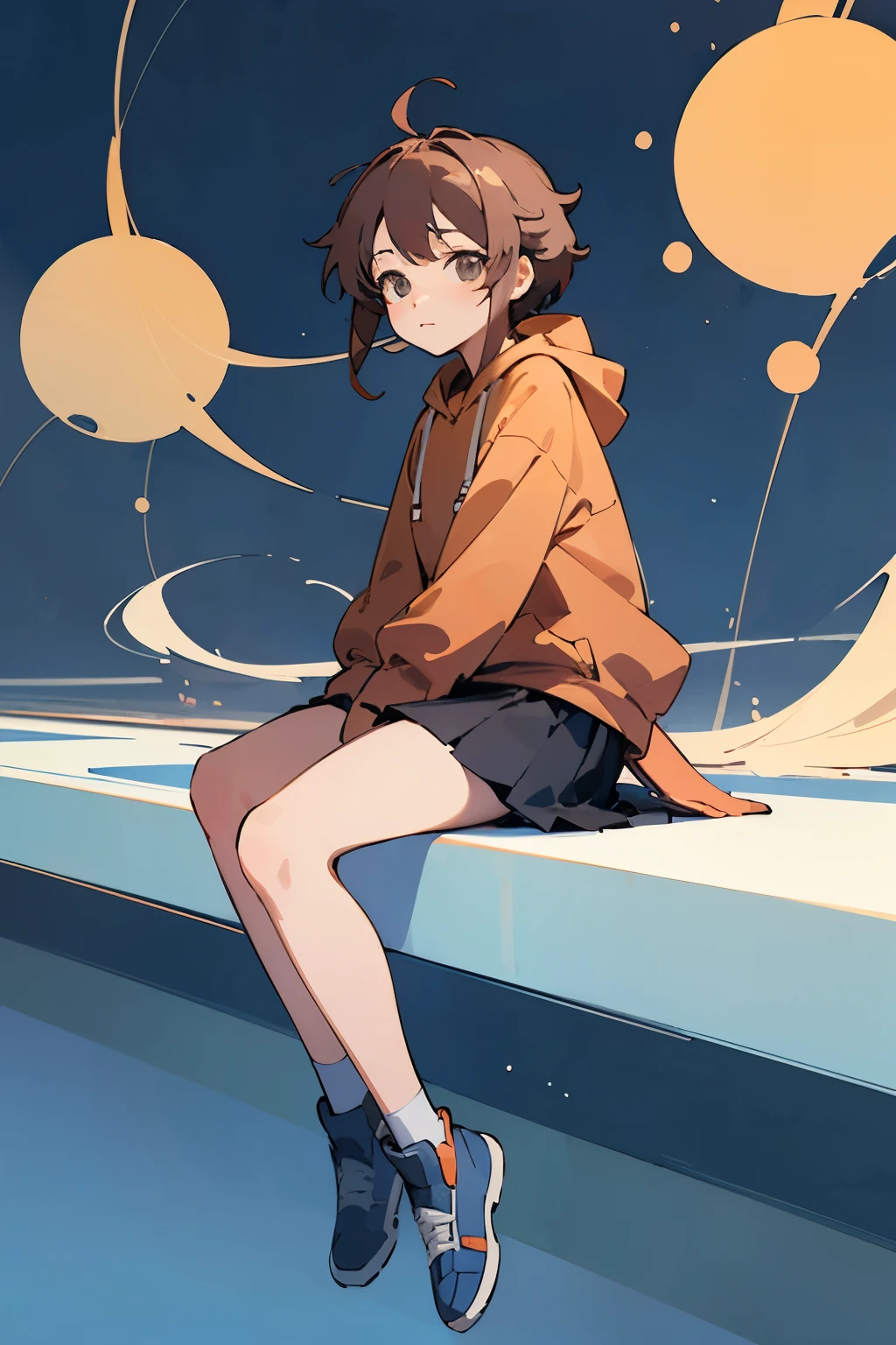 ((highest quality)), ((masterpiece)), (be familiar with), perfect face,Thicker Lines Anime Style LoRA Mix,whole body,skirt,hoodie,sitting,Night background