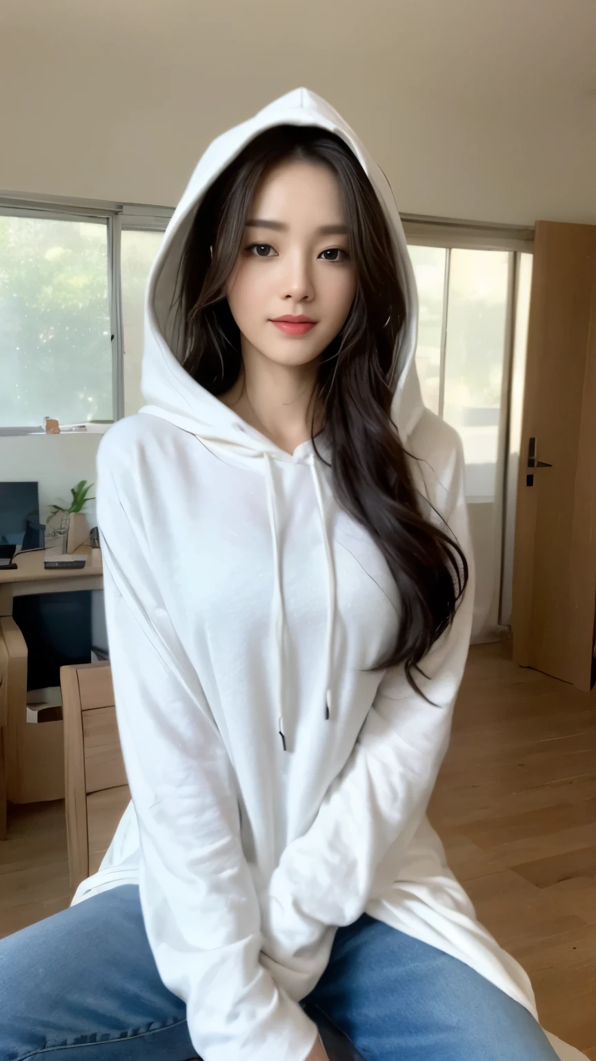 ((top-quality、8k、masterpiece:1.3))、Beautiful woman with perfect body:1.4、slim abdomen:1.2、Longhair, normal breast, Highly detailed facial and skin texture, A detailed eye, delicate eyes, double eyelid, (smile), (full body shot), ((computer room)), (sitting on chair), (((wearing white hooded))), looking in front