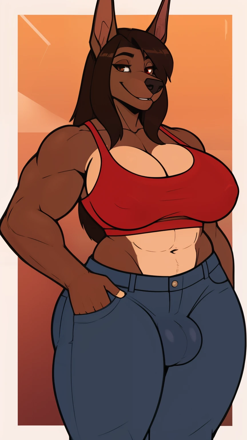 muscular_mature_doberman female dark_brown_two-tone_furry_body brown_eyes crop_top jeans solo Masterpiece best_quality absurdres highly_detailed well_drawn_eyes anthro_only large_breasts by_greasymojo by_runawaystride by_underscore_b by_claweddrip smug_smile cocked_hip chest_thrust_out ((big cock nad balls))