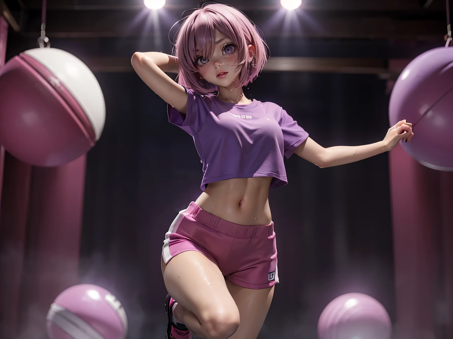 (1Beautiful woman with pink bob cut), (purple t-shirts), (extra large sport wear), fullbody, 真剣に、 (scattered sweat:1.1), (dancing:1.1)、音楽スタジオ