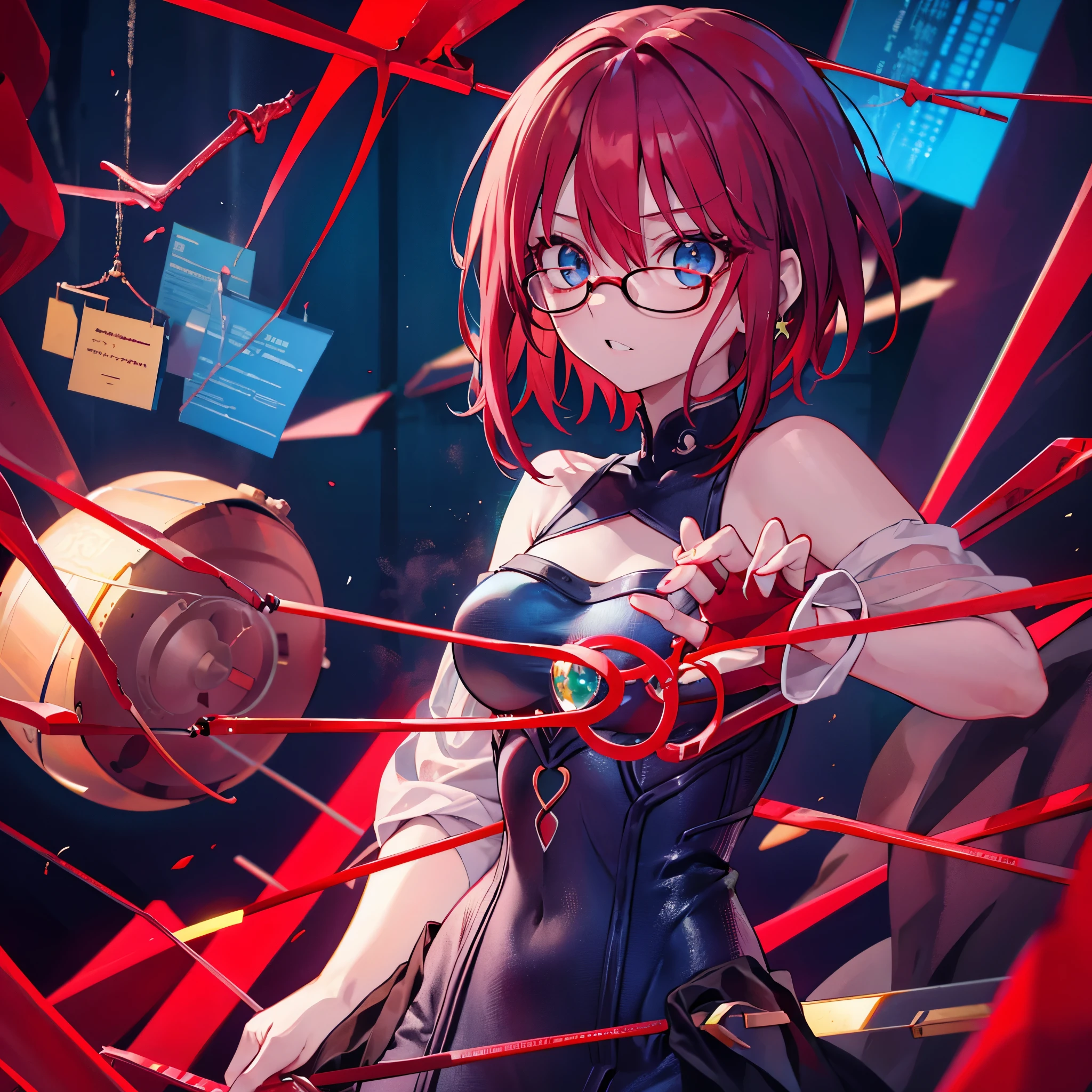 red hair，Wearing gold wire glasses， green eyes，翠green eyes，not blue eyes，There is a blue crystal earring in the left ear，bust figure，Only the head and shoulders，no hands，No need to bother