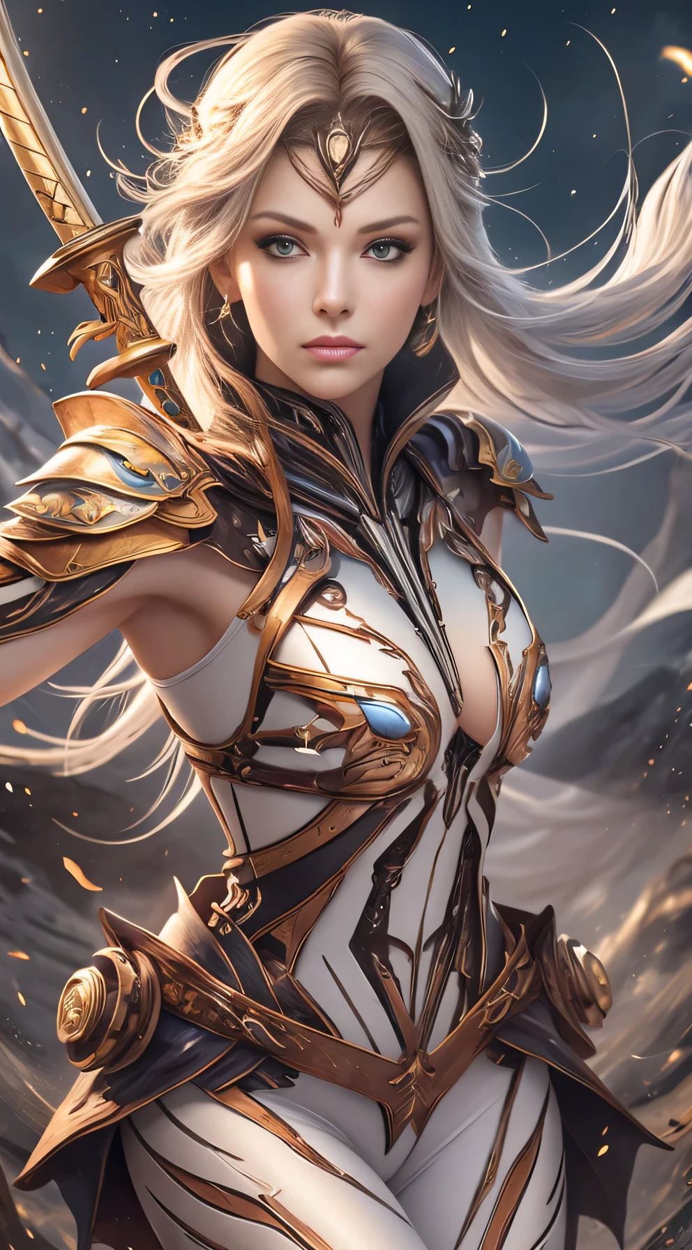 (((Masterpiece))), Ultra high quality, super detailed, 4K highly detailed digital art, Epic strong female warrior from the future, Fierce woman, white outfit, (Strong whole body pose), (stunning exotic beauty), Brazilian beauty, Very athletic, (muscular woman),((Wearing white biomechanical armor)), (Soft white clothes underneath the armor), Golden outlines on armor, armor shining, (white biomechanical armor), armor glimmering, neon lights on armor, Ultra athletic warrior woman from other galaxy, (white bodysuit armor), (skin tight bodysuit), white clothes (white armor), (muscular body), ((She has a katana)), she is glimmering and sparkles all around her, her beauty is out of this world, ultra beautiful, detailed face, Her mighty and all power is shining through her being, she is a warrior to defend the weak and empowering the feminine, Feminine empowerment, she is galaxy rider, Astronomical galaxy backround far far away from the earth where the mythological creatures live. She is hovering over the ground on a far away planet. Her strength is showing even the ground is shaking, HDR (High Dynamic Range), PBR Textures, Super Resolution, Multi-layer Textures