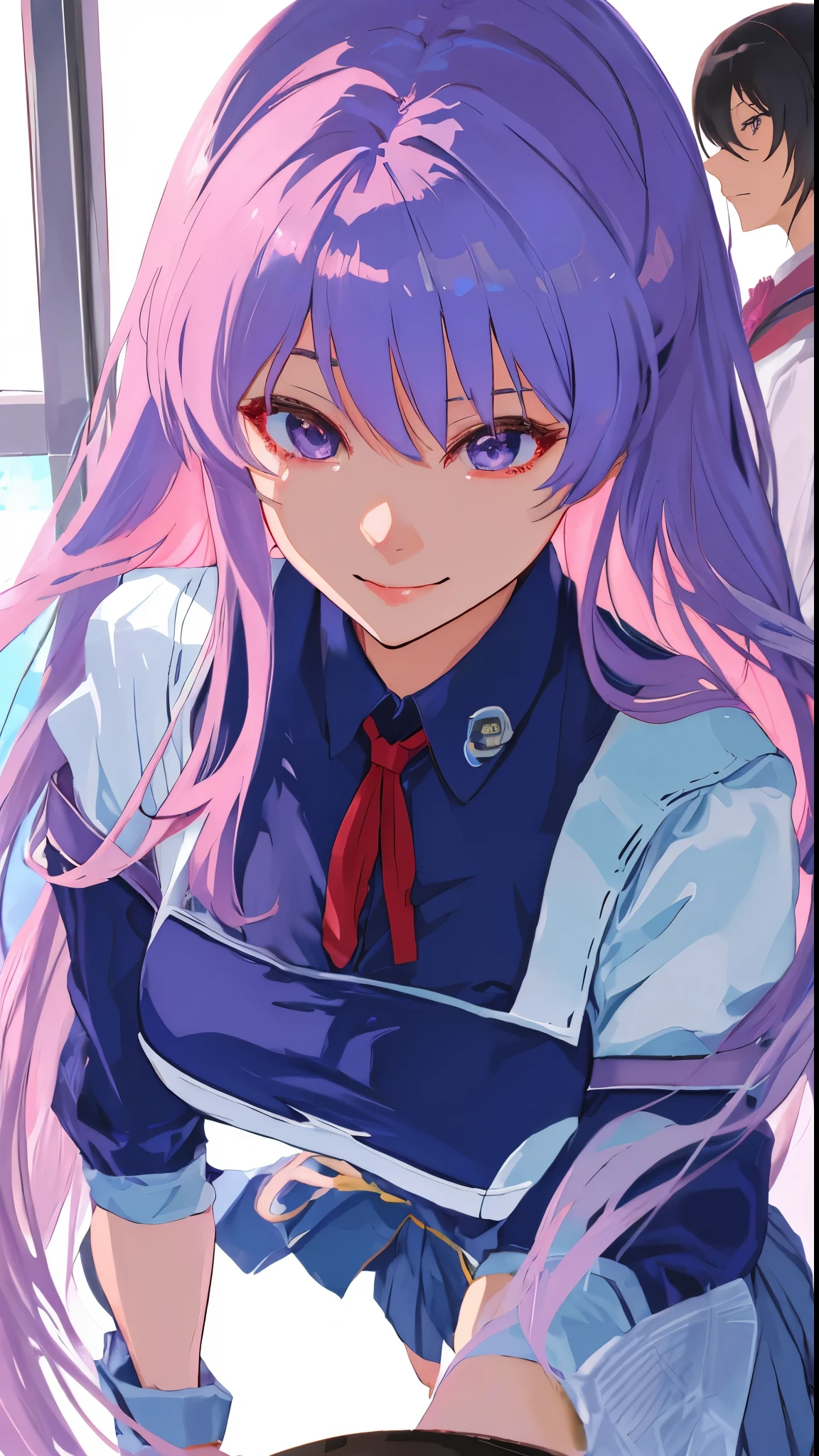 (masterpiece, best quality), highres, BREAK ((1girl)), solo, blush, seductive smile, surreal, insanely detailed, detailed face, highly detailed texture, (shiny hair:1.05), (shiny skin:0.97), (big eyes:0.95),BREAK reisen_udongein_inaba, school uniform,