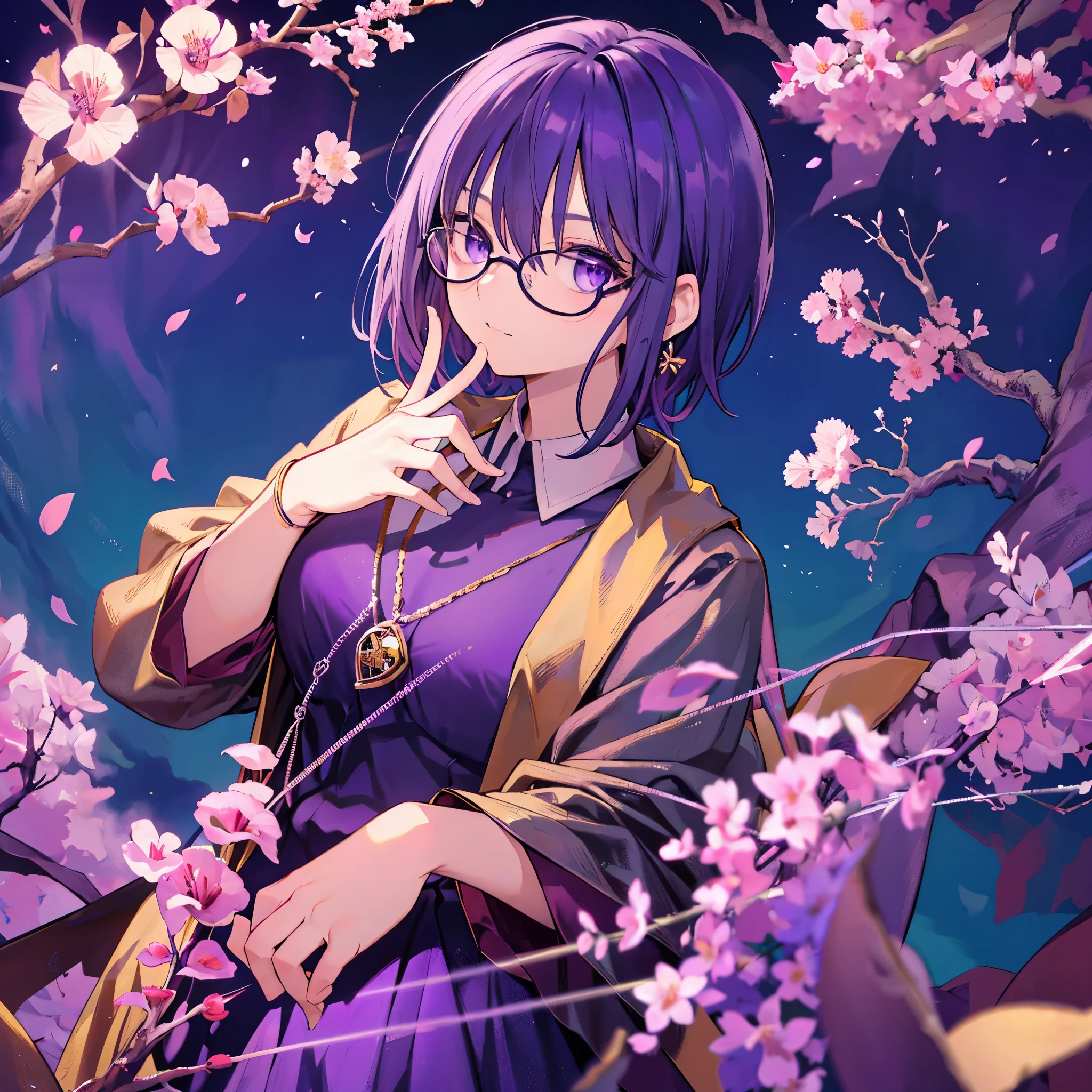 Purple hair，Wearing gold wire glasses，Hold the flower branch with your index finger and thumb, Correct hand structure, Perfect hand details, Perfect hand structure, Perfect finger structure，purple eyes，There is a blue crystal earring in the left ear