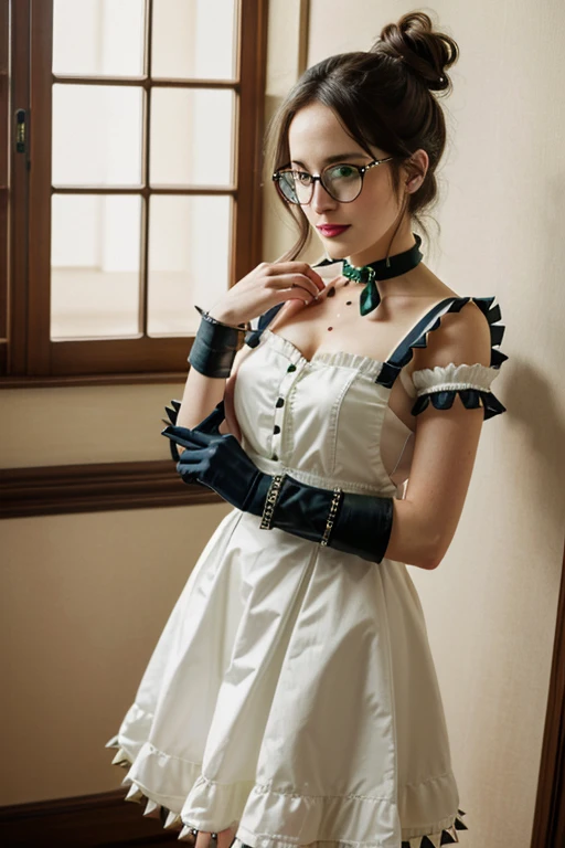 highres, sharp focus, pixiv masterpiece, ((intricate details)), highly detailed, yuri alpha, Eva Green, (green wristband, green gauntlets, spikes,:1.1) glasses, green eyes, maid, single hair bun, dress, choker, bowtie, maid apron, 