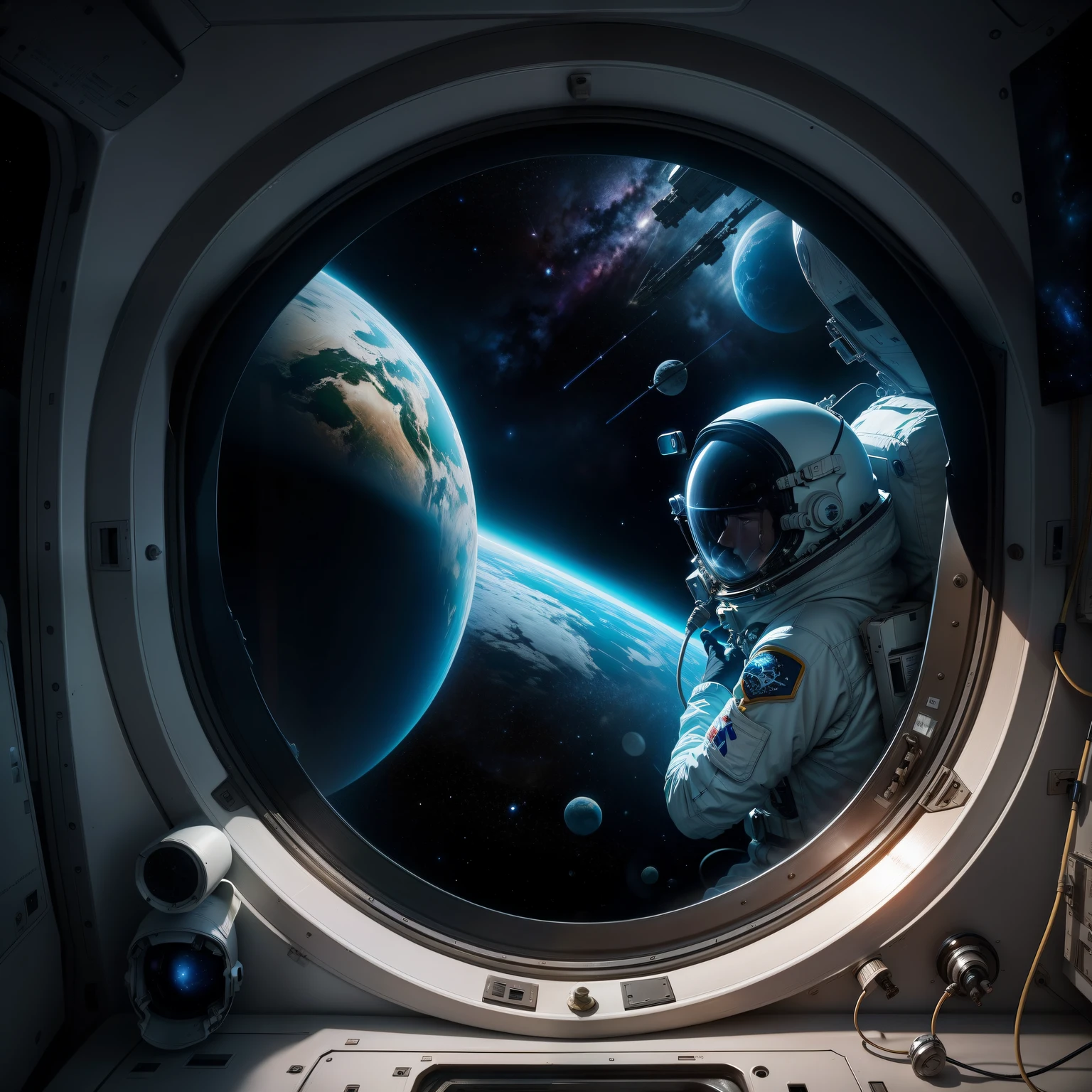 Interstellar space seen from the window of a spacecraft。Outside the window wearing a spacesuit、You can see astronauts doing extravehicular work