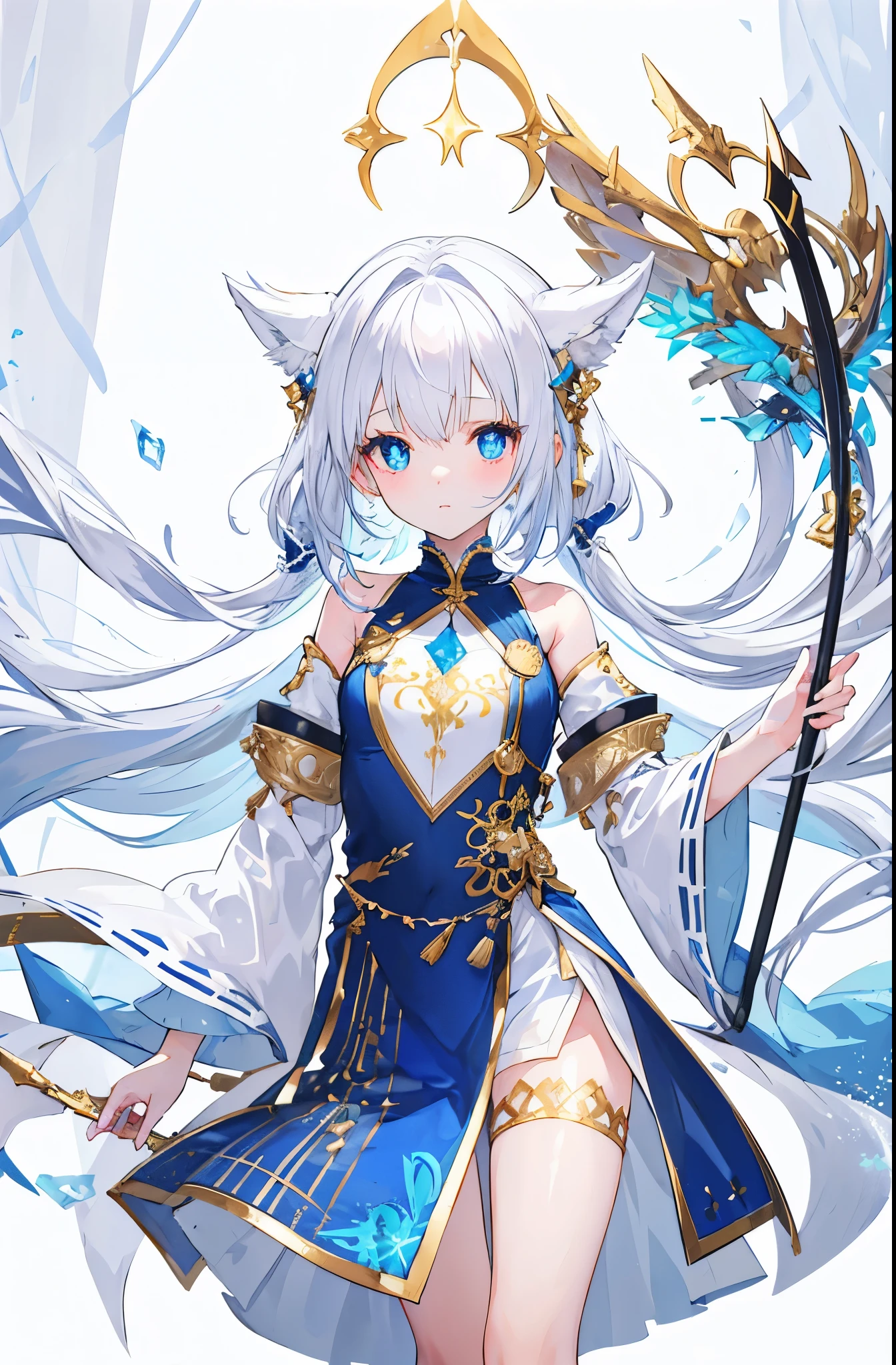 white snow hair,blue pupils,very stunning,Petite and cute little sweet girl,Soft and waxy texture of clothes,Inlaid with gold trim