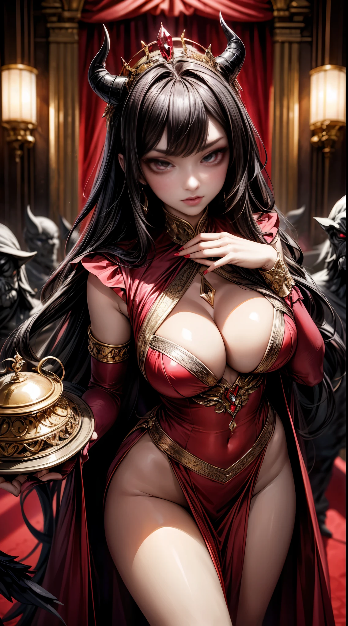 In the darkest realms, a formidable figure stands forth, a demon queen entwined with the essence of lust and desire. Her eyes, a mesmerizing shade of crimson, hold a seductive allure that beckons even the most resistant souls. A regal crown adorns her raven-black hair, signifying her dual role as both a demon queen and the goddess of lust. Her commanding presence, draped in an opulent, crimson gown, radiates power and temptation. Whispers of desire swirl around her, weaving an irresistible charm that ensnares both mortals and immortals alike. An embodiment of indulgence and allure, she reigns with a captivating intensity, her divine essence drawing all into her enchanting grasp.