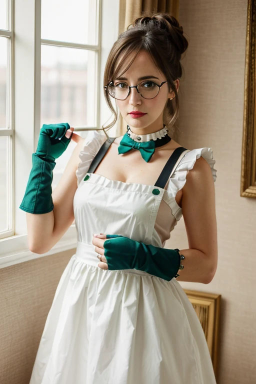 highres, sharp focus, pixiv masterpiece, ((intricate details)), highly detailed, yuri alpha, Eva Green, (green wristband, green gauntlets, spikes,:1.1) glasses, green eyes, maid, single hair bun, dress, choker, bowtie, maid apron, 