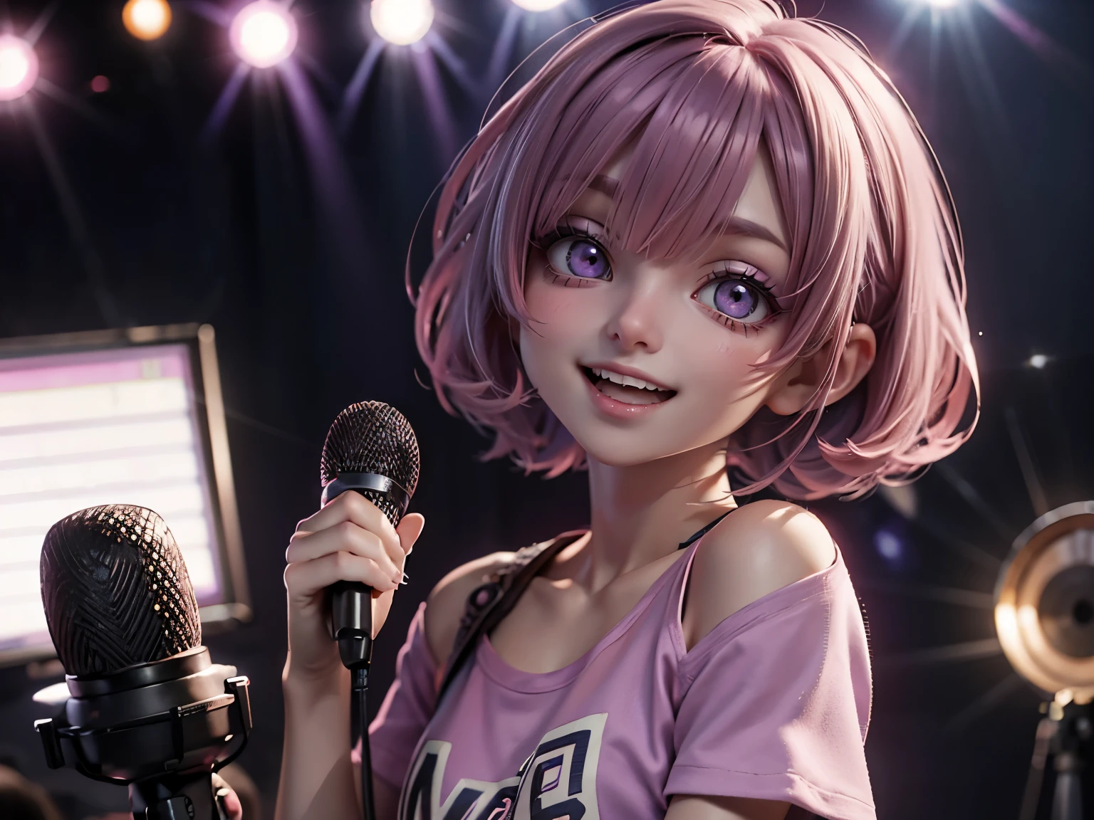 (1Beautiful woman), (pink bob cut), (purple t-shirts), smile, open mouth, (holding a handheld microphone and singing)、music studio