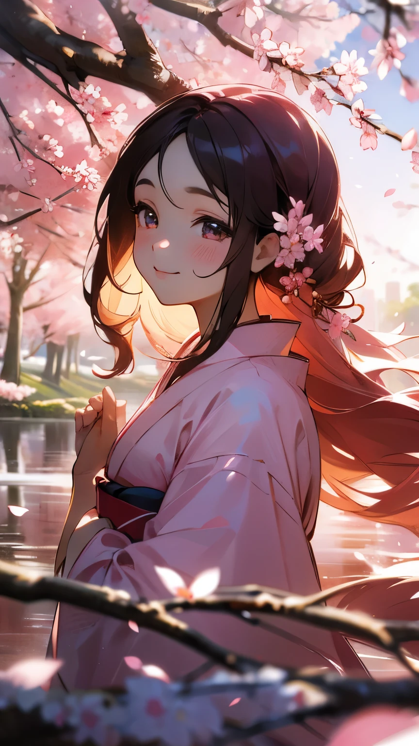 a girl under the cherry blossoms,soft and delicate petals,beautiful detailed eyes,flowing hair,fresh spring breeze,pink hues,lively atmosphere,traditional kimono,charming smile,peaceful surroundings,serene expression,highres,ultra-detailed,photorealistic,classic portrait,sunset lighting