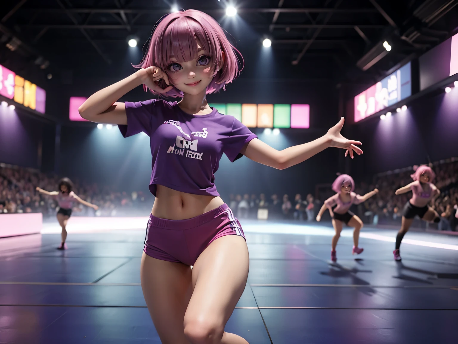 (1Beautiful woman with pink bob cut), (purple t-shirts), (extra large sport wear), smile, fullbody, (dancing)、音楽スタジオ