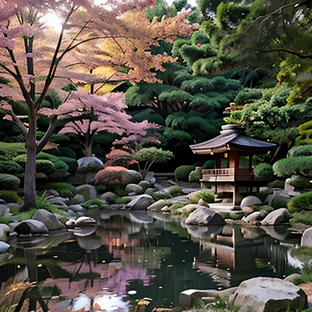 Japanese garden of the future　pink　Light blue　purple　bright