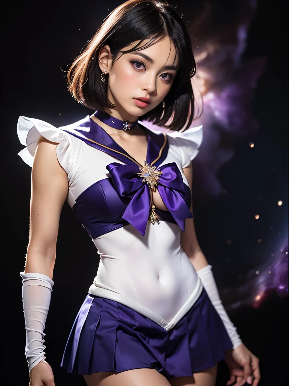 (masterpiece, best quality:1.4), (nebula background), (full body shot), (erotic pose:1.5), 1girl, solo, (european youth:1), sailor saturn, tiara, sailor senshi uniform, purple sailor collar, pleated skirt, elbow gloves, jewelry, brooch, choker, short black hair, (purple eyes:1.5), beautiful face, highly detailed face, highly detailed eyes, highly detailed skin, skin pores, subsurface scattering, realistic pupils, full face blush, full lips, detailed background, depth of field, volumetric lighting, sharp focus, absurdres, realistic proportions, good anatomy, (realistic, hyperrealistic:1.4), 16k hdr,