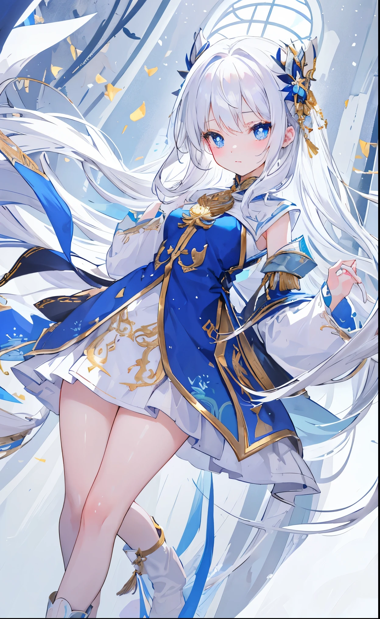 white snow hair,blue pupils,very stunning,Petite and cute sweet girl,Soft and waxy texture of clothes,Inlaid with gold trim