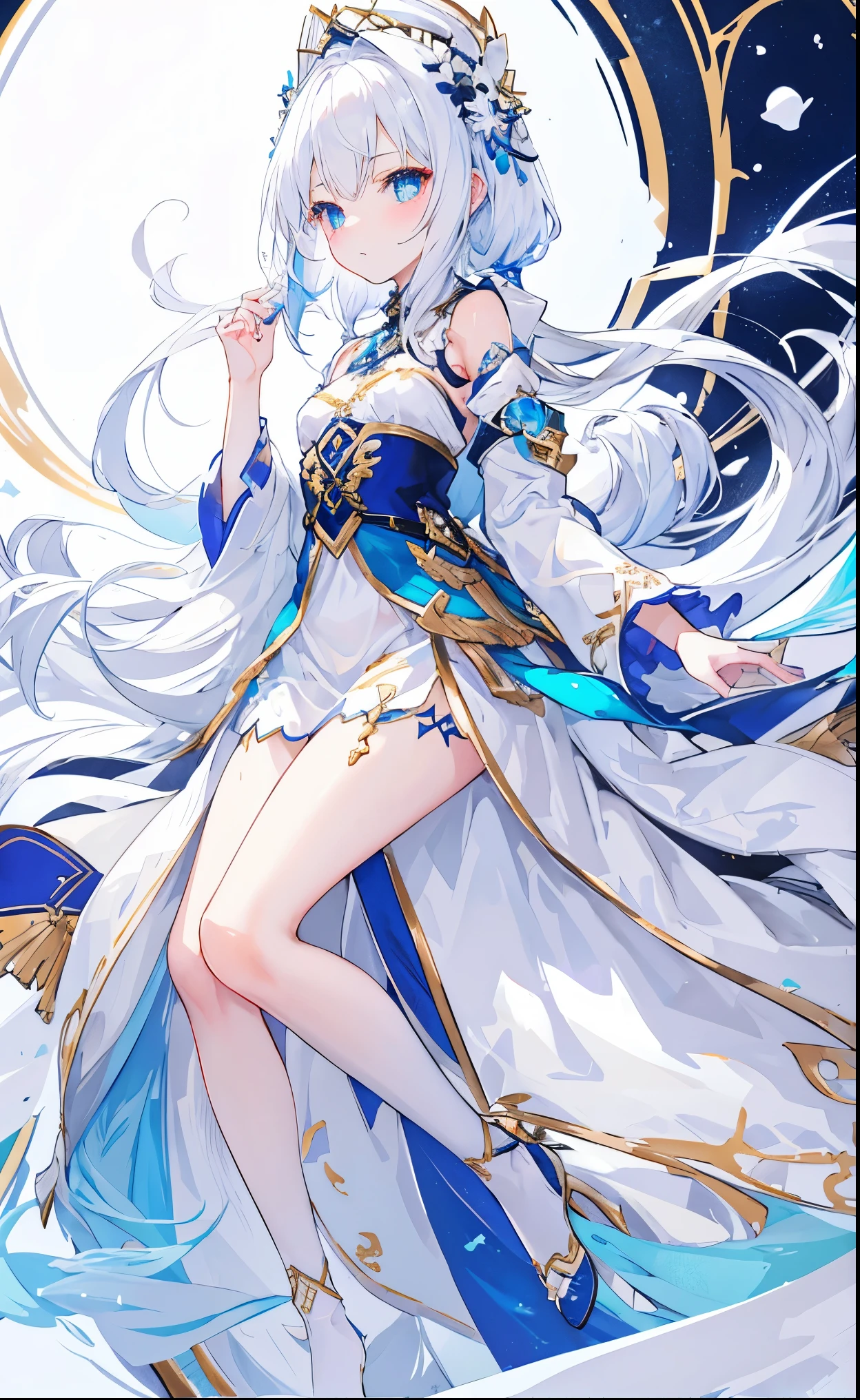 white snow hair,blue pupils,very stunning,Petite and cute little sweet girl,Soft and waxy texture of clothes,Inlaid with gold trim