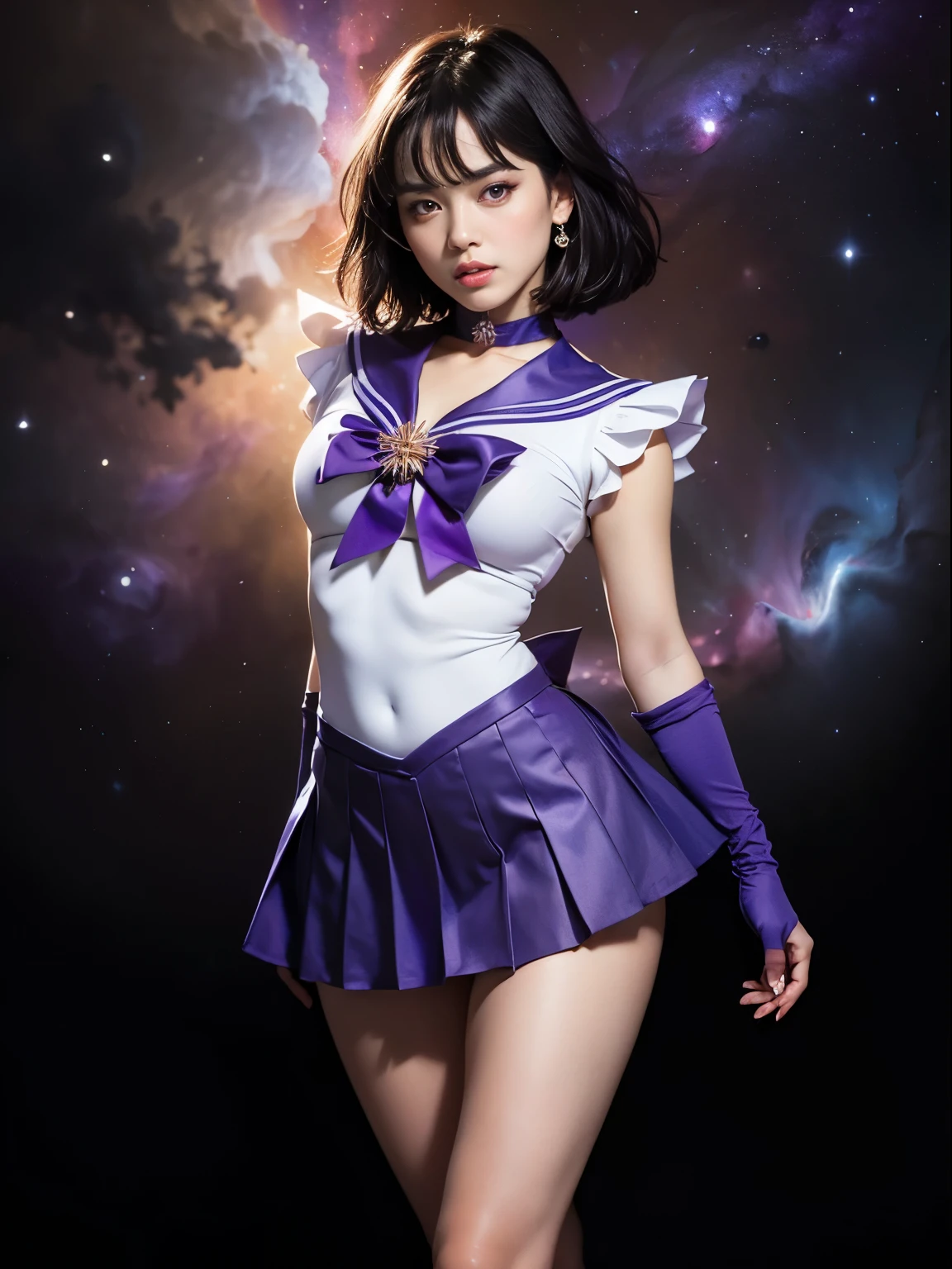 (masterpiece, best quality:1.4), (nebula background), (full body shot), (erotic pose:1.5), 1girl, solo, (european youth:1), sailor saturn, tiara, sailor senshi uniform, purple sailor collar, pleated skirt, elbow gloves, jewelry, brooch, choker, short black hair, (purple eyes:1.5), beautiful face, highly detailed face, highly detailed eyes, highly detailed skin, skin pores, subsurface scattering, realistic pupils, full face blush, full lips, detailed background, depth of field, volumetric lighting, sharp focus, absurdres, realistic proportions, good anatomy, (realistic, hyperrealistic:1.4), 16k hdr,