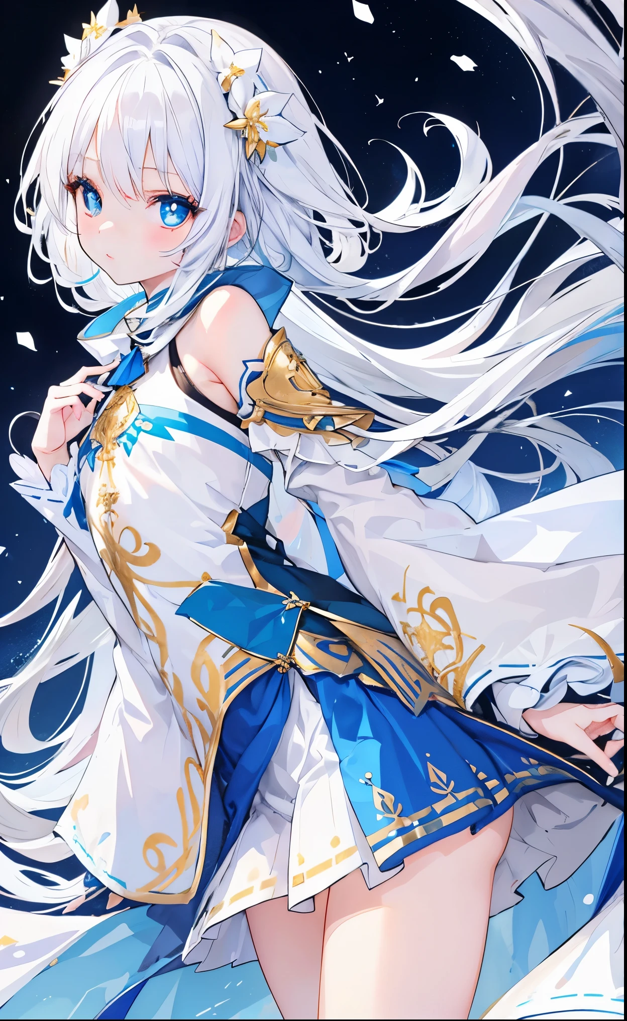 white snow hair，blue pupils，very stunning，Petite and cute little sweet girl，Soft and waxy texture of clothes，Inlaid with gold trim