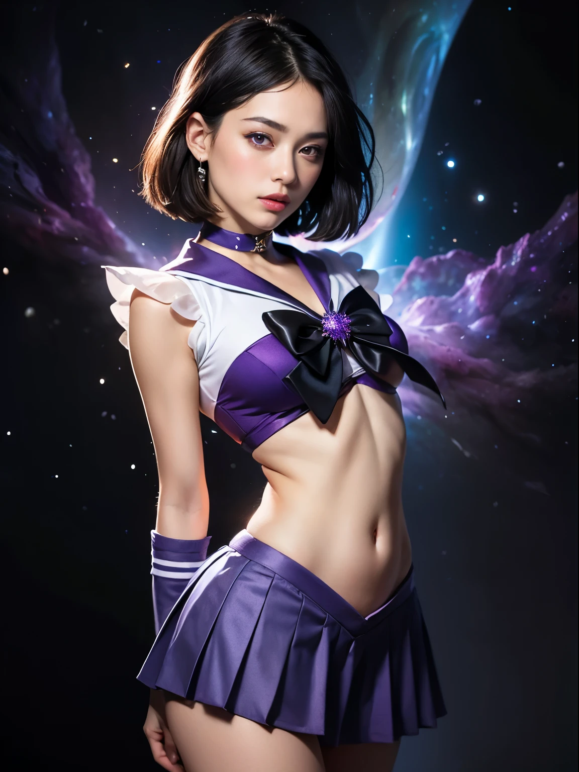 (masterpiece, best quality:1.4), (nebula background), (full body shot), (erotic pose:1.5), 1girl, solo, (european youth:1), sailor saturn, tiara, sailor senshi uniform, purple sailor collar, pleated skirt, elbow gloves, jewelry, brooch, choker, short black hair, (purple eyes:1.5), beautiful face, highly detailed face, highly detailed eyes, highly detailed skin, skin pores, subsurface scattering, realistic pupils, full face blush, full lips, detailed background, depth of field, volumetric lighting, sharp focus, absurdres, realistic proportions, good anatomy, (realistic, hyperrealistic:1.4), 16k hdr,