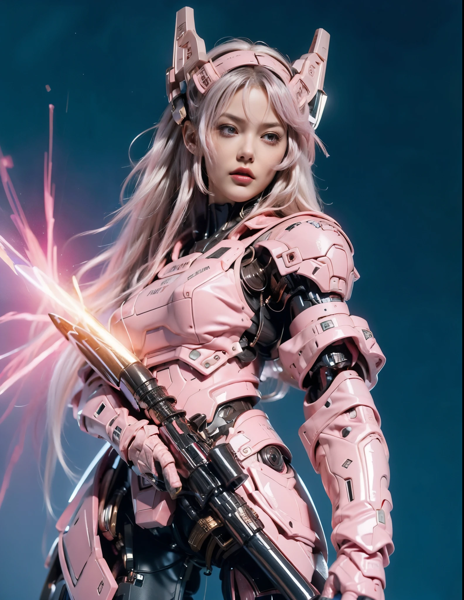 Beautiful girl in cyber armor, smooth pink armor, Japanese cyber style armor, pink hair, blue eyes, ที่คาดpink hair, Hold the gun., There is glare., Portrait of a Japanese teenager, (Realistic face details), complicated details, very high details, Realistic photos, 8k, UHD, hyperspace,