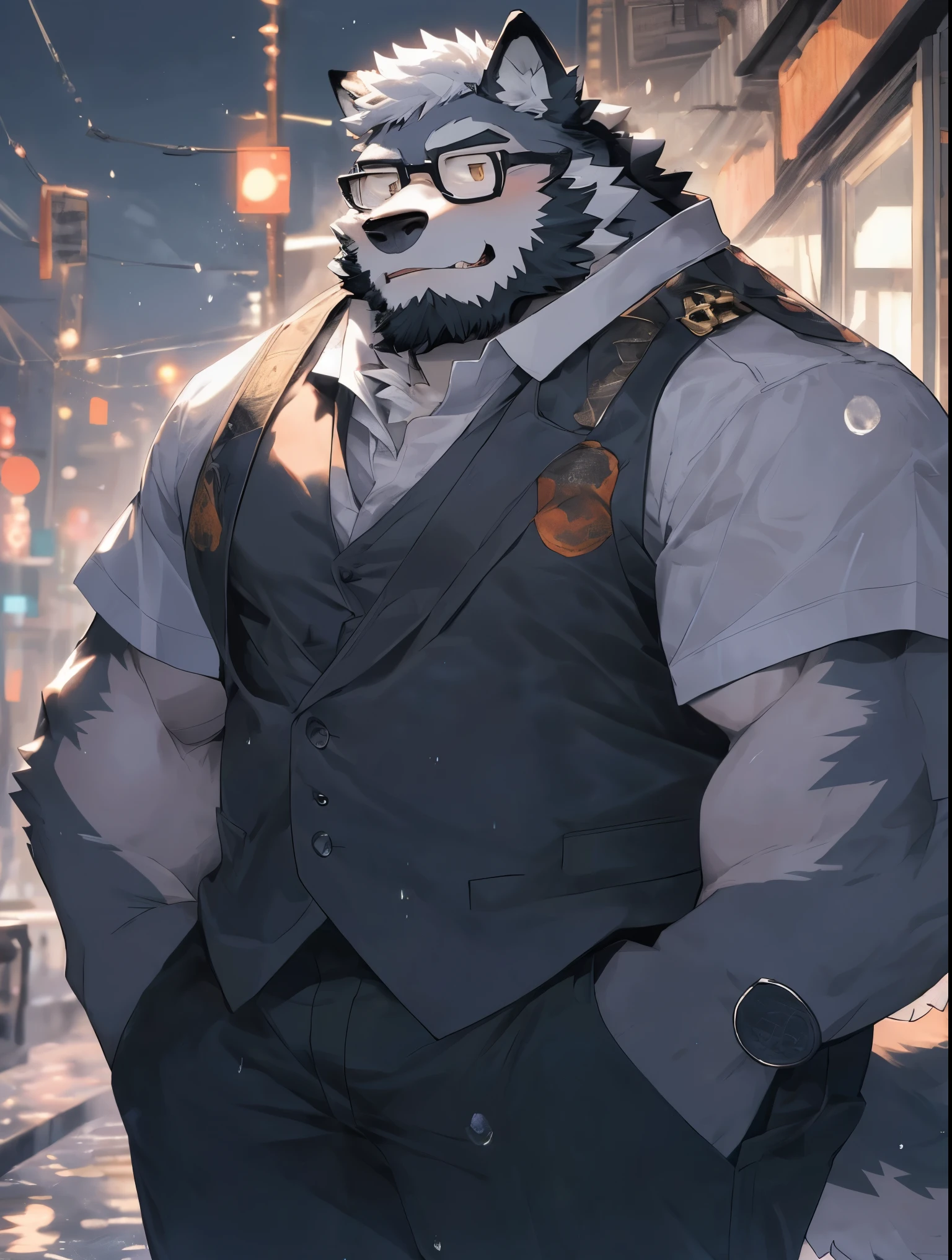(Super detailed), Sharp focus,hairy, Gray fur, White beard, White hair,Blood red eyes,human nature (北极Bear:1.3), male, Old face, Gray body, White belly, Muscular ,(Crotch bulge:1.5),Super detailed的脸,(dishevelled:1.4),(best quality), (masterpiece), High Detail, high quality,High resolution,16K,(Bear:1.3),(scar:0.6),Cold expression,(slight fat:1.1),((Dark night iceberg background))