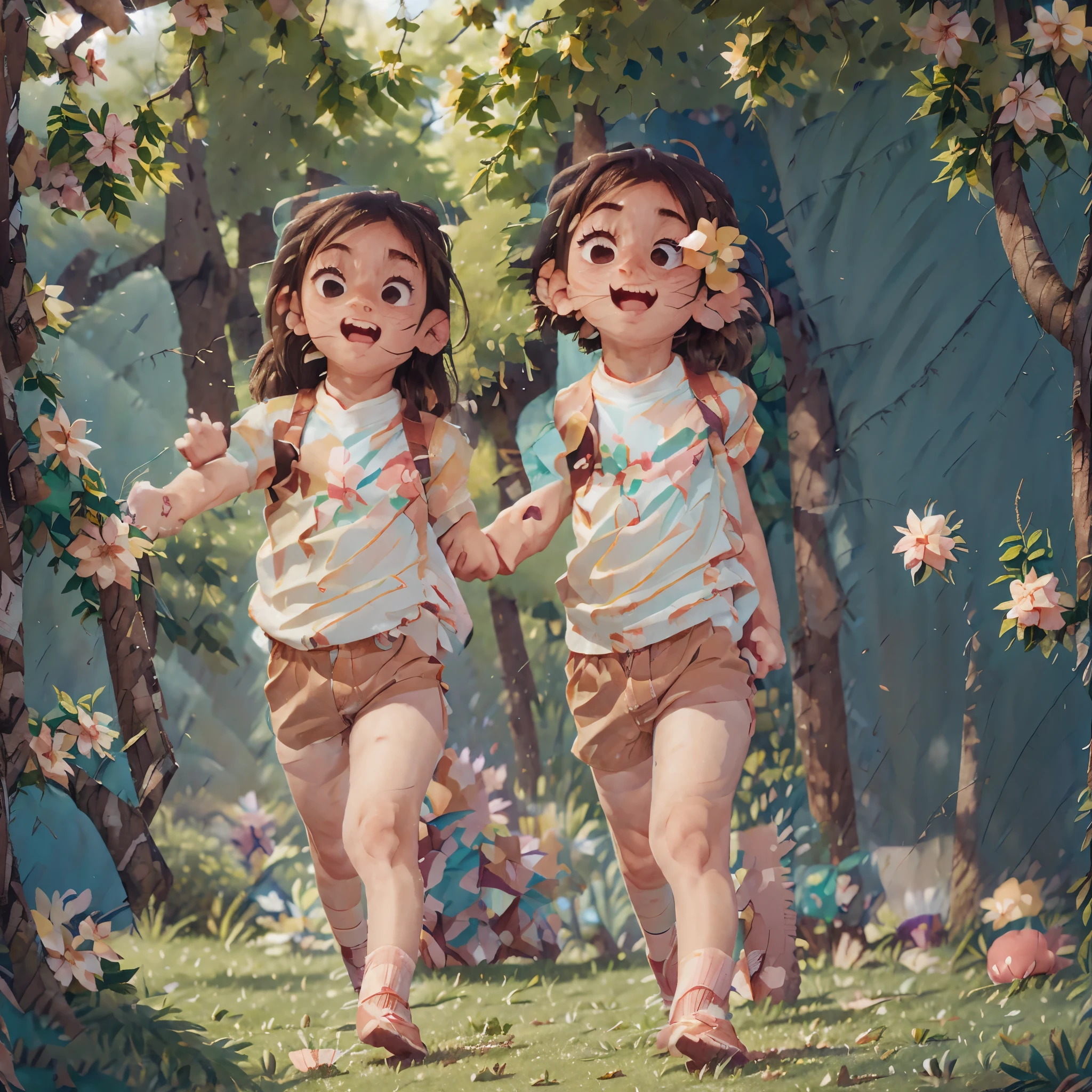 (Best graphics: 0.8)Perfect anime illustration Peach blossoms are falling, a year old girl wearing a white shirt and a pair of shorts is looking at the viewer