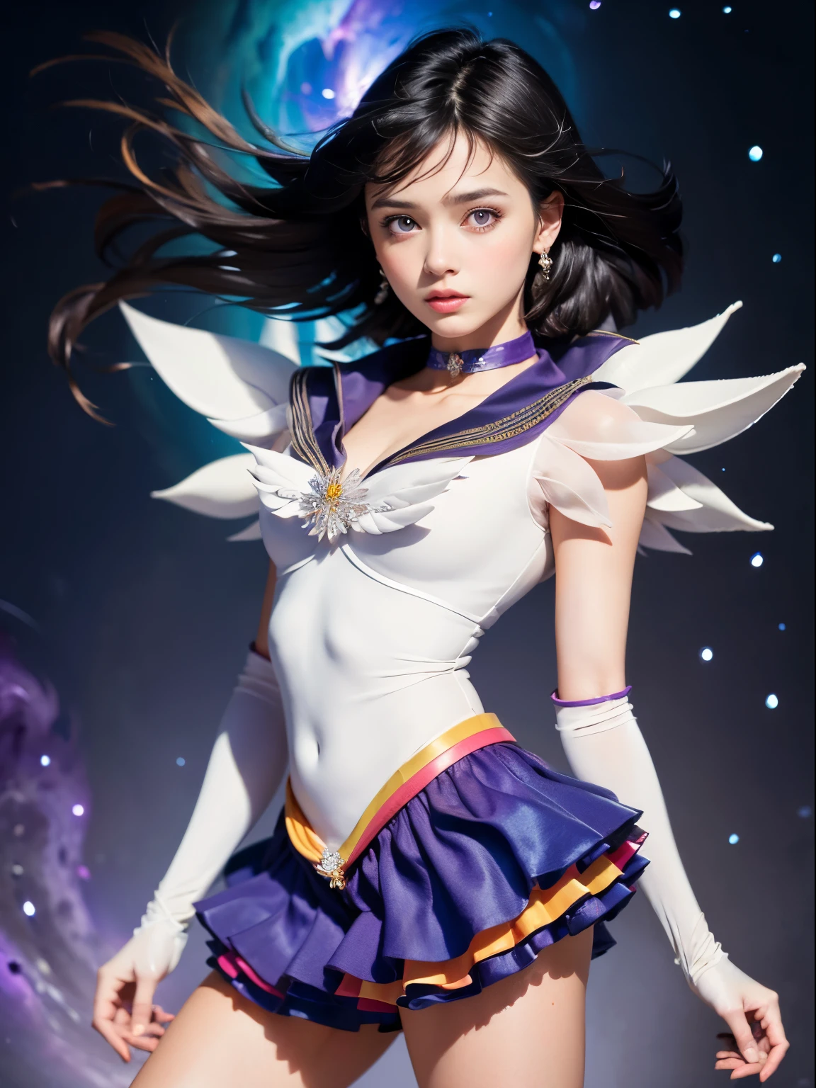 (masterpiece, best quality:1.4), (nebula background), (full body shot), (erotic pose:1.5), 1girl, solo, (european youth:1), sailor saturn, tiara, sailor senshi uniform, purple sailor collar, pleated skirt, elbow gloves, jewelry, brooch, choker, short black hair, (purple eyes:1.5), beautiful face, highly detailed face, highly detailed eyes, highly detailed skin, skin pores, subsurface scattering, realistic pupils, full face blush, full lips, detailed background, depth of field, volumetric lighting, sharp focus, absurdres, realistic proportions, good anatomy, (realistic, hyperrealistic:1.4), 16k hdr,