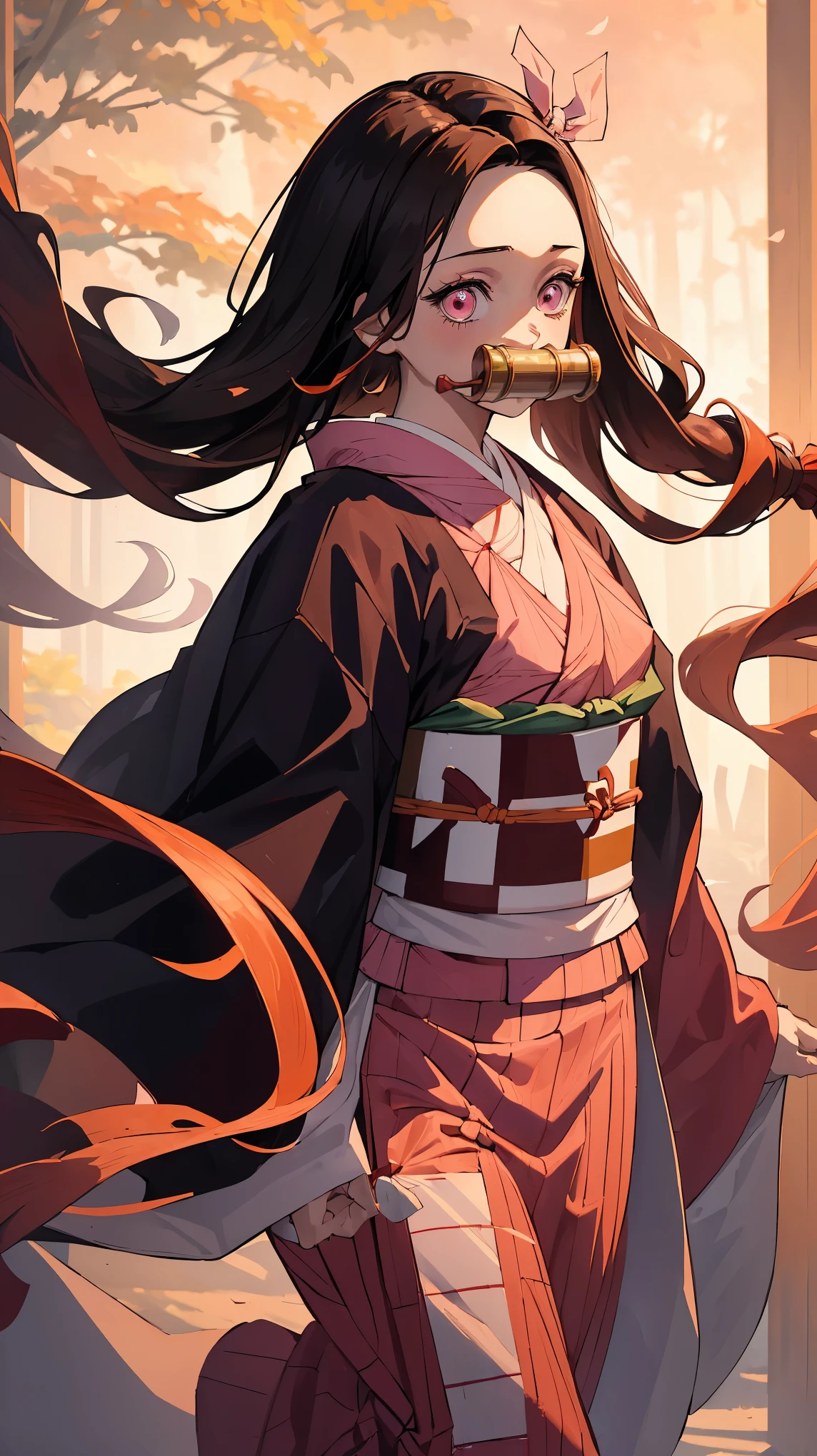 (((masterpiece))), nezuko, 1girl, bamboo, bit gag, brown hair, checkered sash, gag, gagged, gradient hair, hair ribbon, haori, japanese clothes, kimono, long hair, looking at viewer, multicolored hair, orange hair, pink eyes, pink kimono, pink ribbon, ribbon, solo, upper body,  