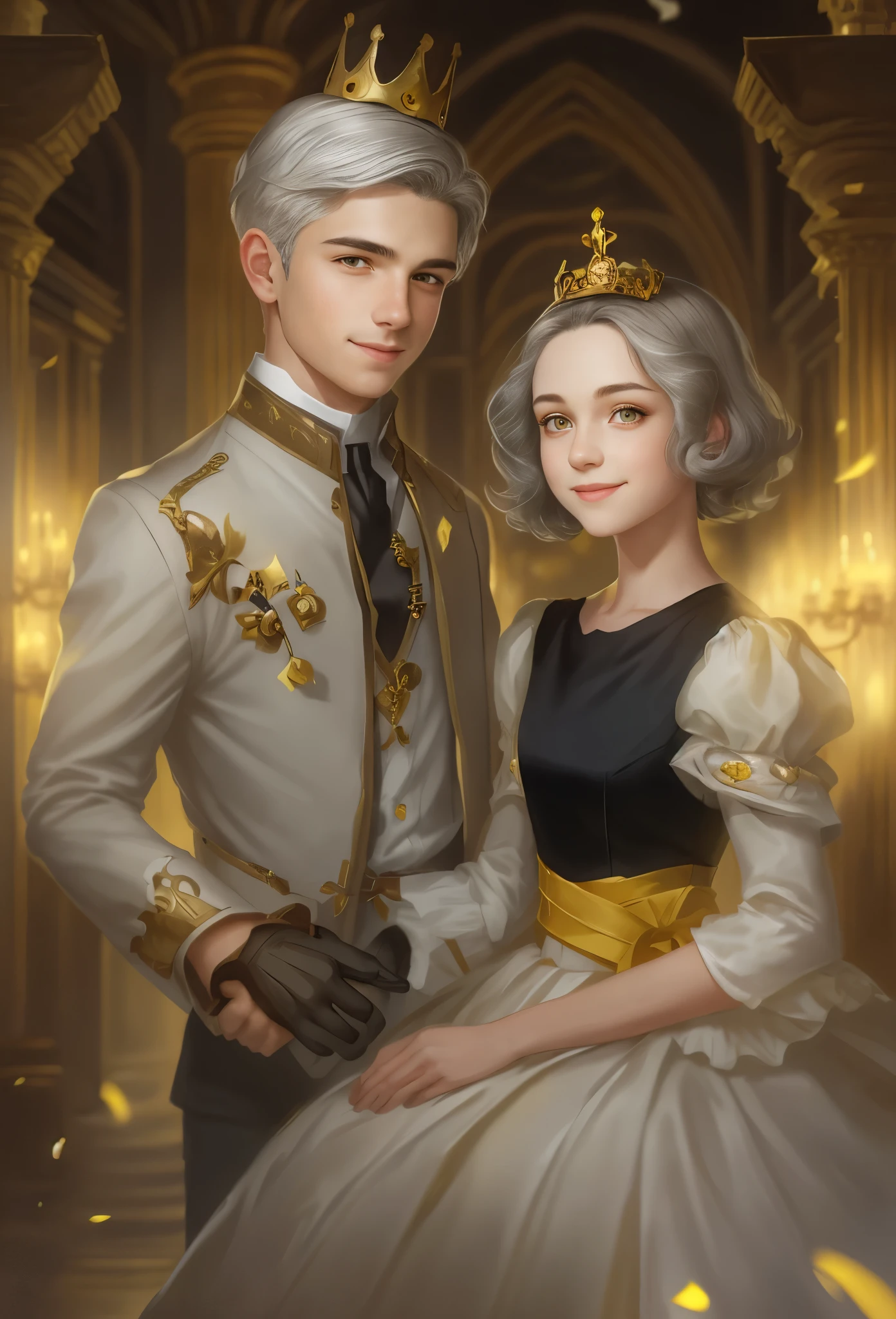 High resolution, portrait, boy and girl with dark hair, 26 years old, light gray hair, short haircut, yellow eyes, smile, crown, portrait, ballroom in the background, realism, fantasy