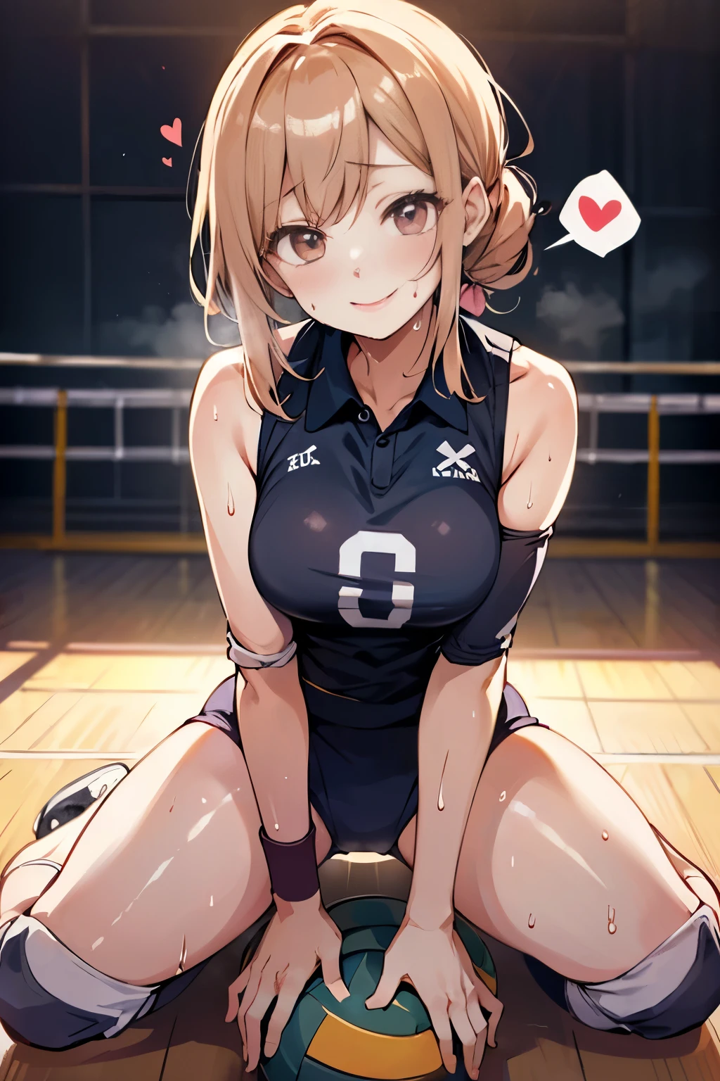 unity 8k wallpaper, anatomically correct, (((masterpiece))), (((best quality))), (((ultra detailed))), (((high-resolution))), ((Ultimate cutie)), perfect hands, perfect finger, (((good anatomy))), detailed beautiful face, shiny hair, (((gyaru))), (potbelly), (curvy), medium breasts, ((Thick thighs)), (((solo))), ((seductive smile)), (((blush))), 
BREAK, (((sit astride the perfectly spherical shape 6-inch volleyball))), (((Straddling a perfectly spherical 6" volleyball))), (((Perfectly spherical 6" volleyball fits perfectly crotch))), BREAK, (((Rub the  Perfectly spherical 6" volleyball against crotch))), 
BREAK, (Collared volleyball uniforms), sleeveless, ((buruma)), ((kneepad)), pussy juice stained, (elbow pad), (((sweat))), (((covered in sweat))), ((deep breathing)), in Volleyball Court, indoor, lighting,  looking at viewer, full body, (spoken heart)