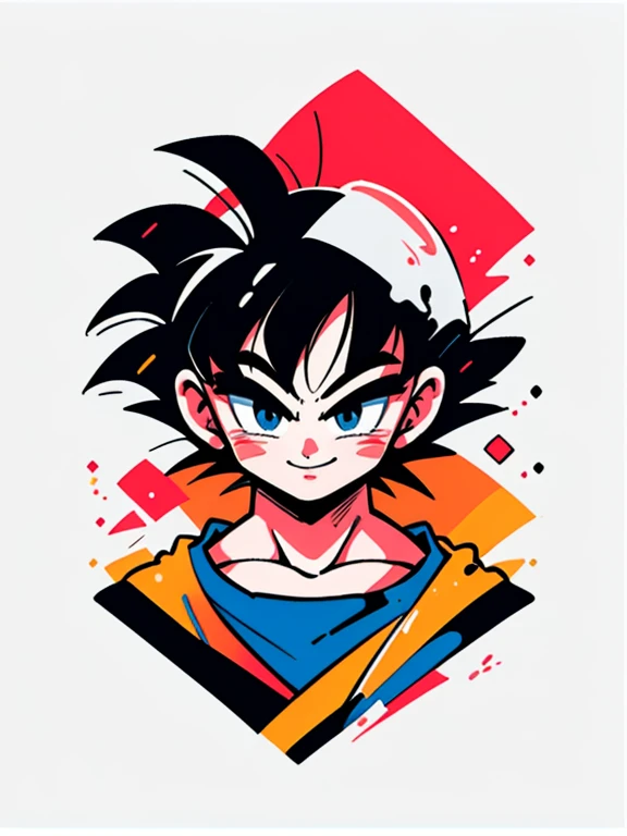 ((sticker-style illustration for T-shirt print with 1man, minimalism, son Goku from dragon ball, akira toriyama style)), simple background, clean:0.9, lineart, vector, Smiling, happy, colors should be vibrant and vivid, with a harmonious color palette. UPPER BODY, fashion cloths, model,
