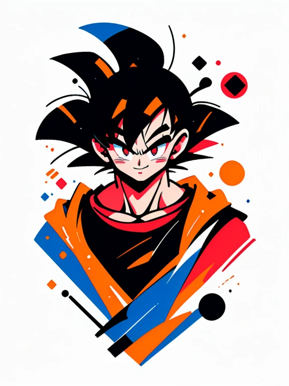 ((sticker-style illustration for T-shirt print with 1man, minimalism, son Goku from dragon ball, akira toriyama style)), simple background, clean:0.9, lineart, vector, Smiling, happy, colors should be vibrant and vivid, with a harmonious color palette. UPPER BODY, fashion cloths, model,
