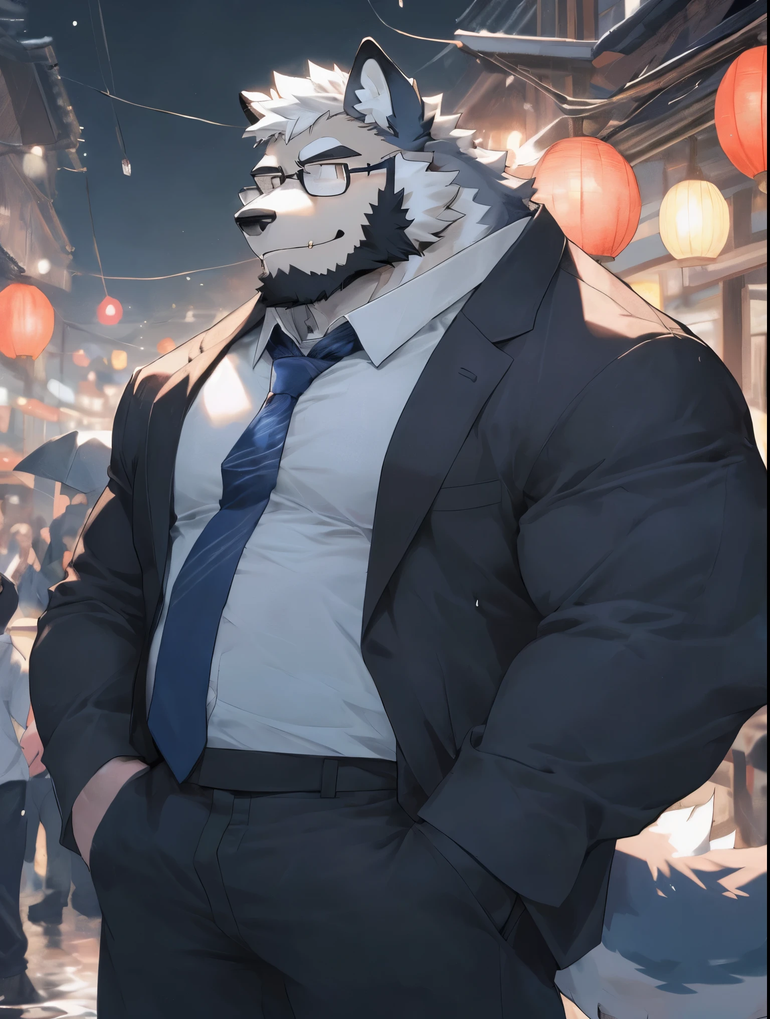 hairy，（Wolf，Black-rimmed glasses，White long-sleeved shirt，rolled up sleeves），beard，white fur，male，Common，full-body shot， dynamic poses，Smile，rainy day，night，dark night，window，fireworks，firecracker，Spring Festival，Detailed background，极其lifelike阴影，masterpiece，Very detailed，lifelike