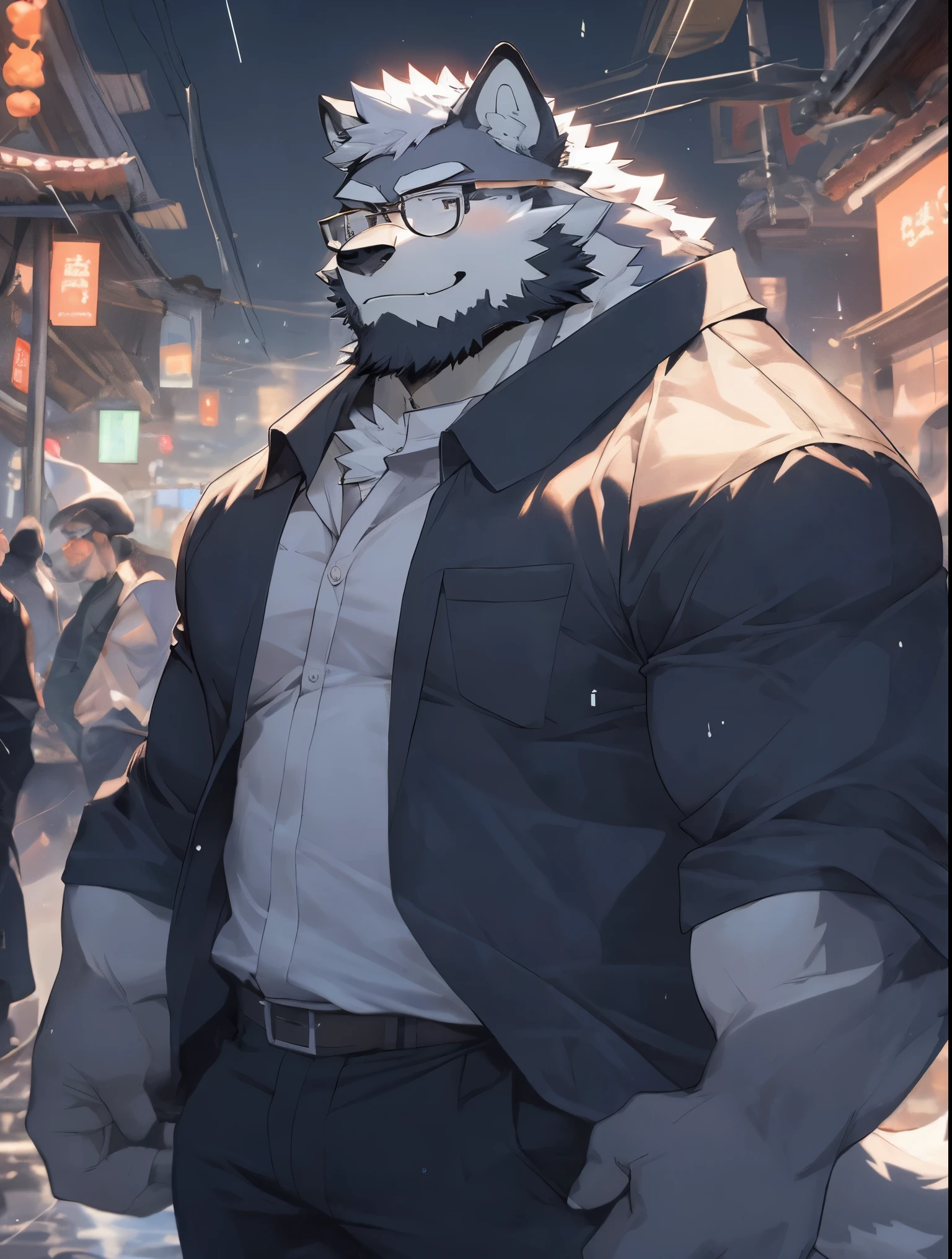 hairy，（Wolf，Black-rimmed glasses，White long-sleeved shirt，rolled up sleeves），beard，white fur，male，Common，full-body shot， dynamic poses，Smile，rainy day，night，dark night，window，fireworks，firecracker，Spring Festival，Detailed background，极其lifelike阴影，masterpiece，Very detailed，lifelike