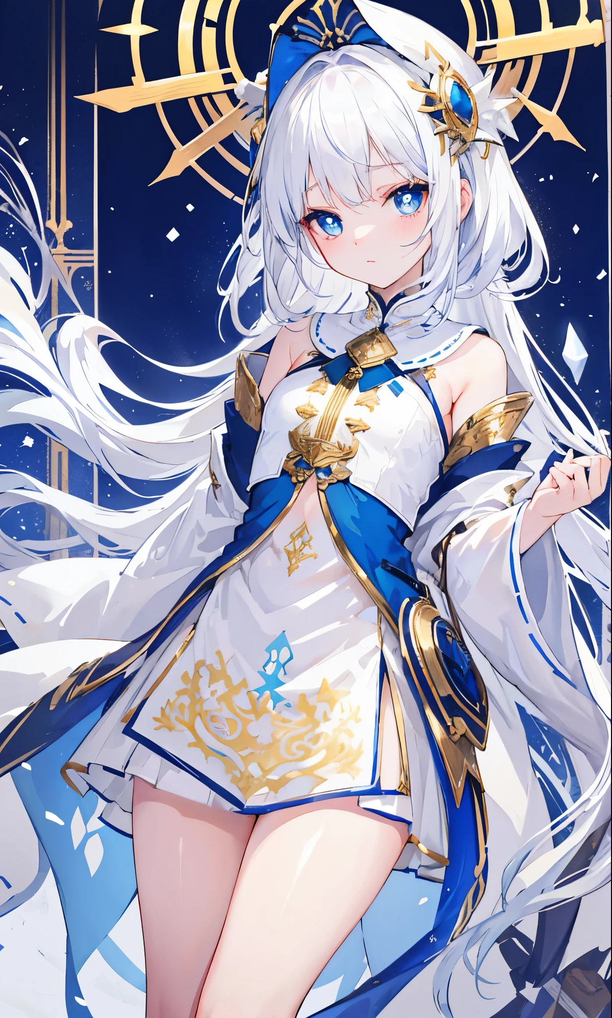 white snow hair，blue pupils，very stunning，Petite and cute little sweet girl，Soft and waxy texture of clothes，Inlaid with gold trim