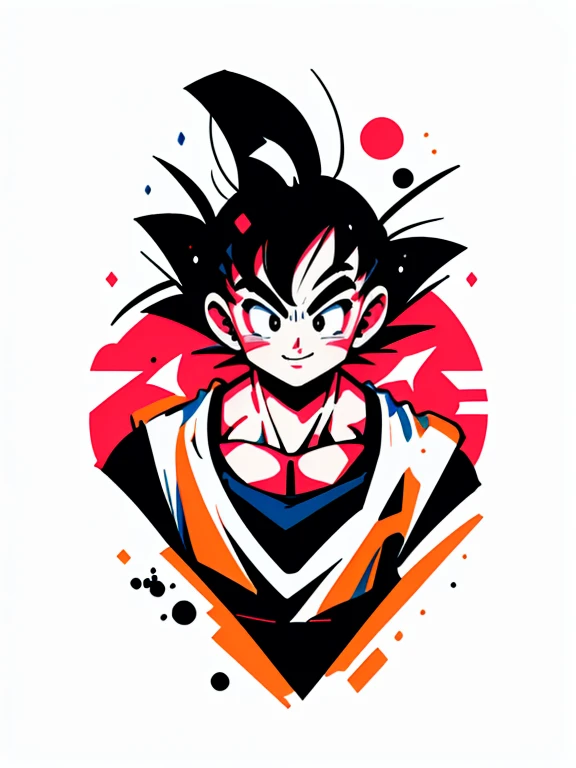 ((sticker-style illustration for T-shirt print with 1man, minimalism, son Goku from dragon ball, akira toriyama style)), simple background, clean:0.9, lineart, vector, Smiling, happy, colors should be vibrant and vivid, with a harmonious color palette. UPPER BODY, fashion cloths, model,
