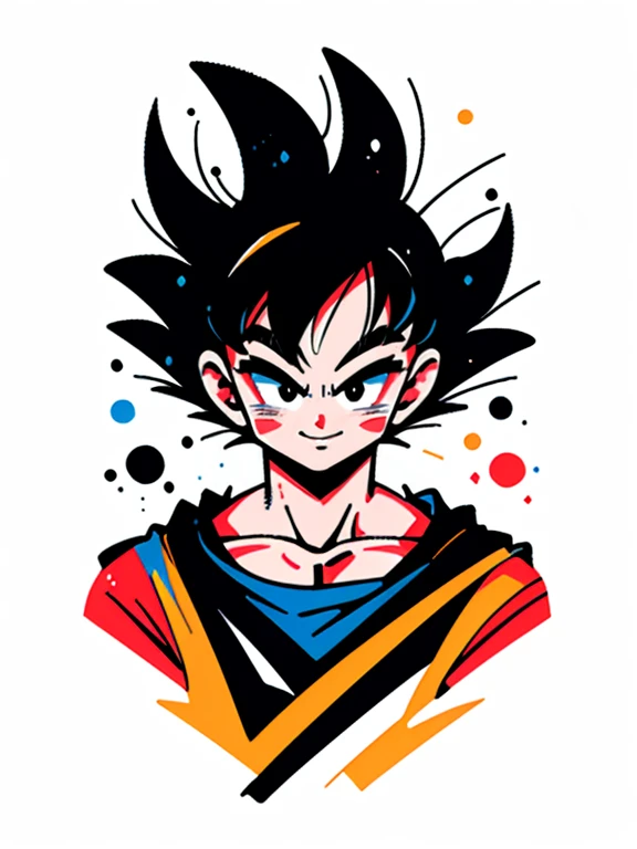 ((sticker-style illustration for T-shirt print with 1man, minimalism, son Goku from dragon ball, akira toriyama style)), simple background, clean:0.9, lineart, vector, Smiling, happy, colors should be vibrant and vivid, with a harmonious color palette. UPPER BODY, fashion cloths, model,
