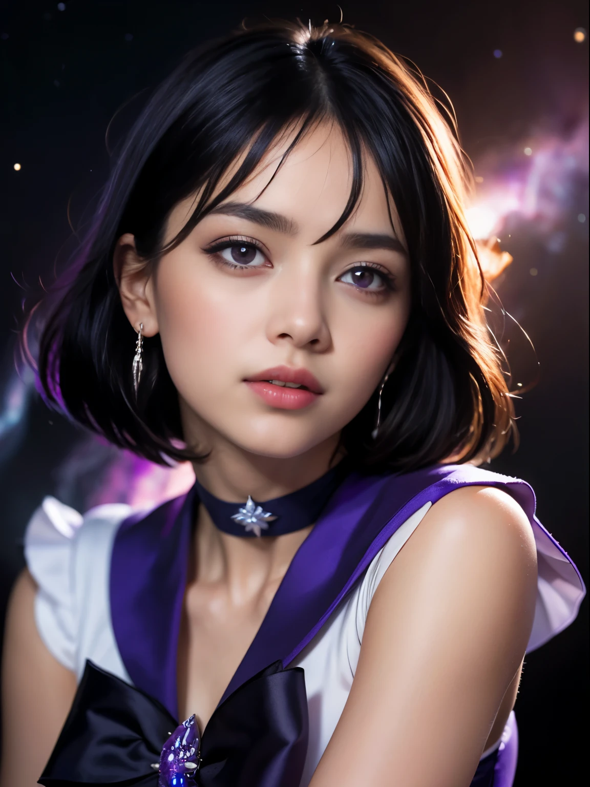 (masterpiece, best quality:1.4), (nebula background), (full body shot), (erotic pose:1.5), 1girl, solo, (european youth:1), sailor saturn, tiara, sailor senshi uniform, purple sailor collar, pleated skirt, elbow gloves, jewelry, brooch, choker, short black hair, (purple eyes:1.5), beautiful face, highly detailed face, highly detailed eyes, highly detailed skin, skin pores, subsurface scattering, realistic pupils, full face blush, full lips, detailed background, depth of field, volumetric lighting, sharp focus, absurdres, realistic proportions, good anatomy, (realistic, hyperrealistic:1.4), 16k hdr,