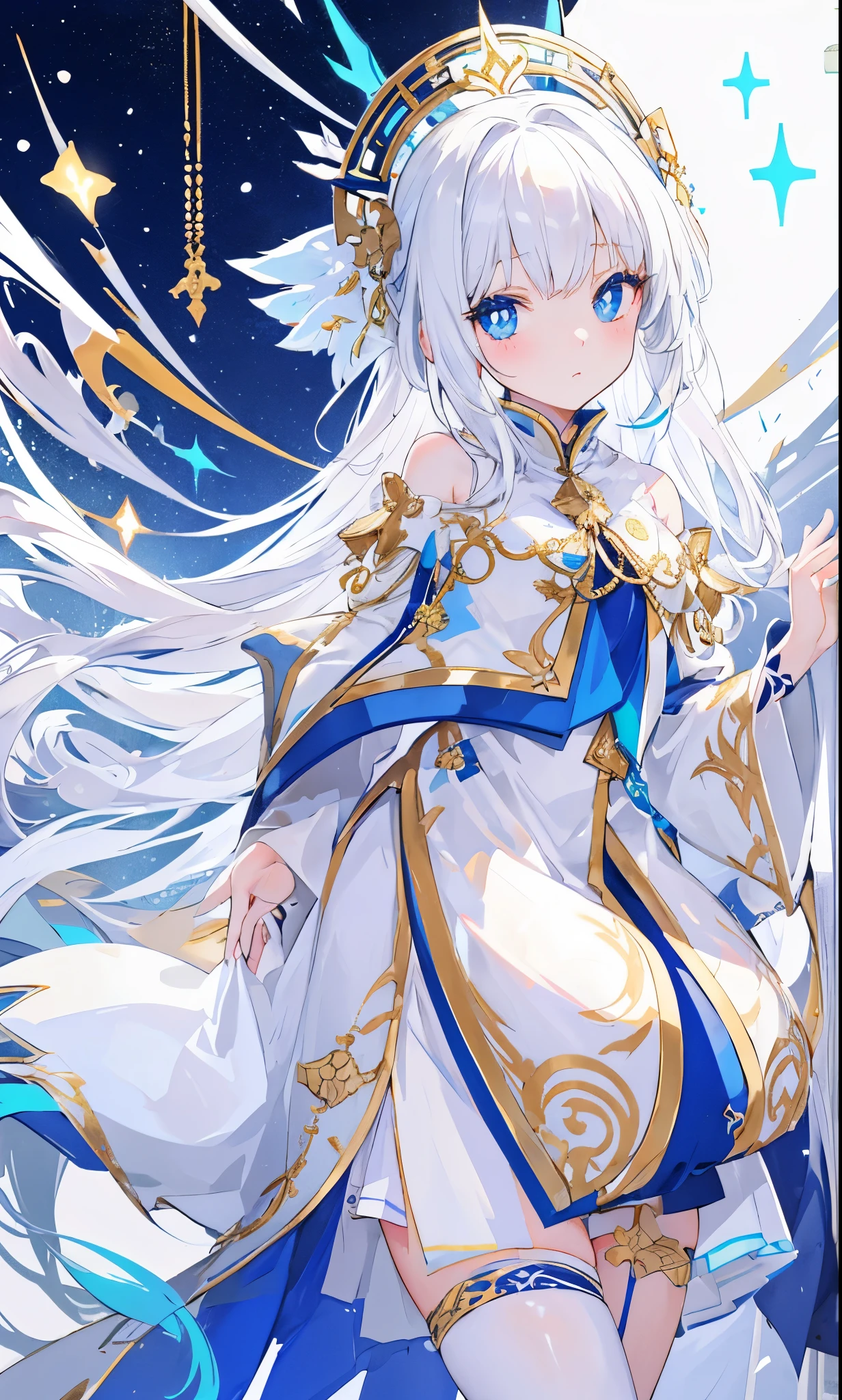white snow hair,blue pupils,very stunning,Petite and cute little sweet girl,Soft and waxy texture of clothes,Inlaid with gold trim