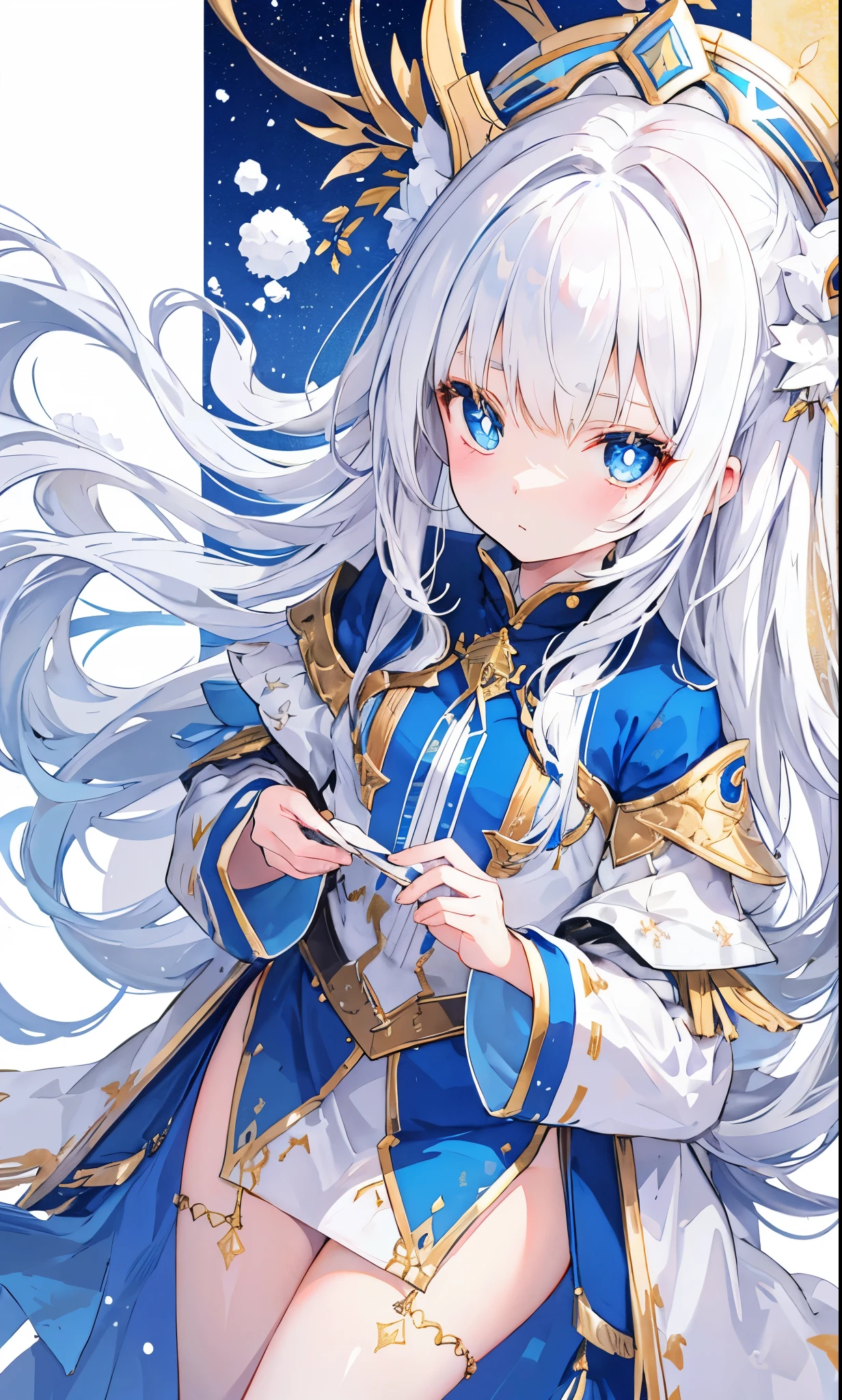 white snow hair,blue pupils,very stunning,Petite and cute sweet girl,Soft and waxy texture of clothes,Inlaid with gold trim