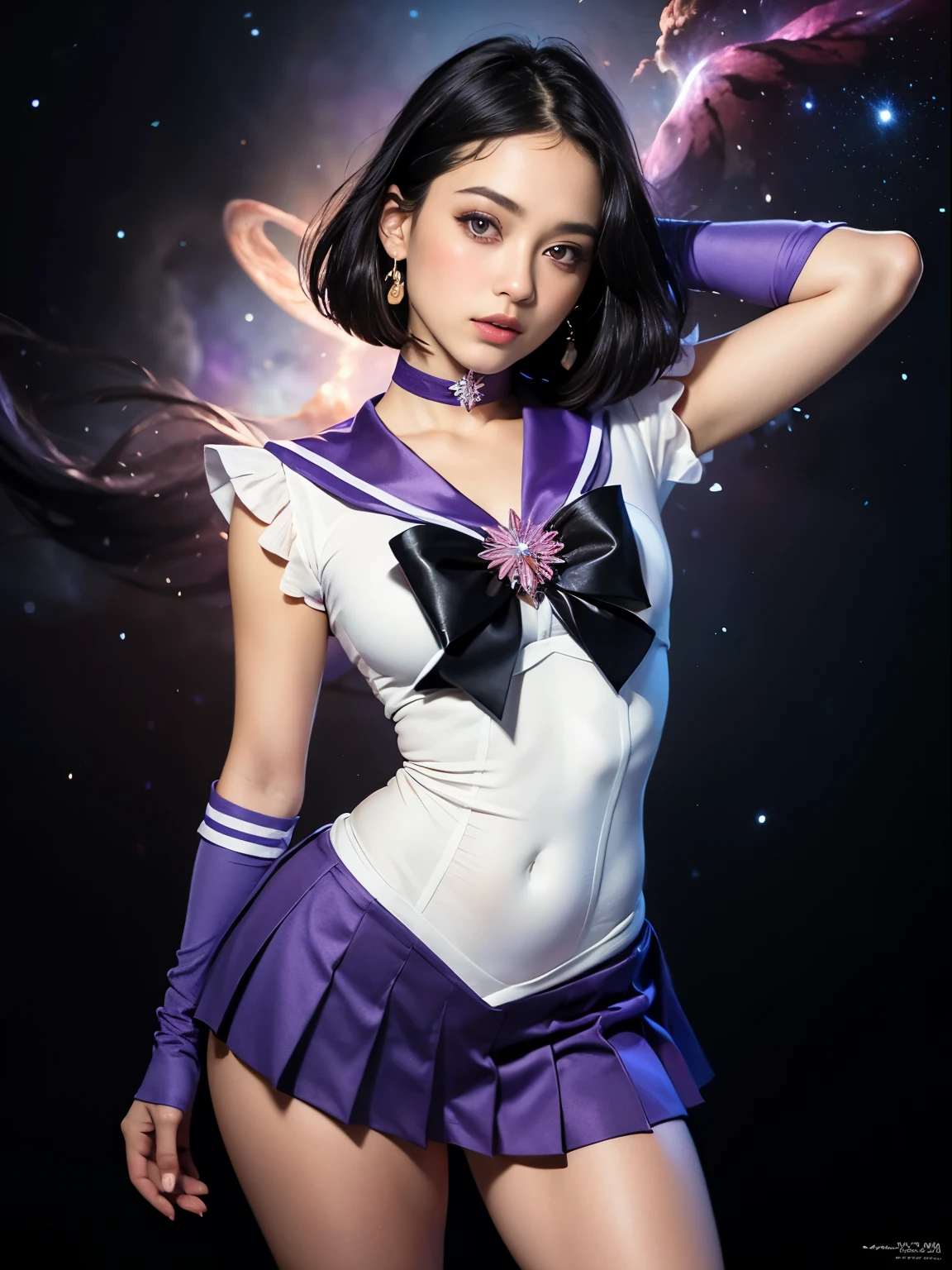 (masterpiece, best quality:1.4), (nebula background), (full body shot), (erotic pose:1.5), 1girl, solo, (european youth:1), sailor saturn, tiara, sailor senshi uniform, purple sailor collar, pleated skirt, elbow gloves, jewelry, brooch, choker, short black hair, (purple eyes:1.5), beautiful face, highly detailed face, highly detailed eyes, highly detailed skin, skin pores, subsurface scattering, realistic pupils, full face blush, full lips, detailed background, depth of field, volumetric lighting, sharp focus, absurdres, realistic proportions, good anatomy, (realistic, hyperrealistic:1.4), 16k hdr,