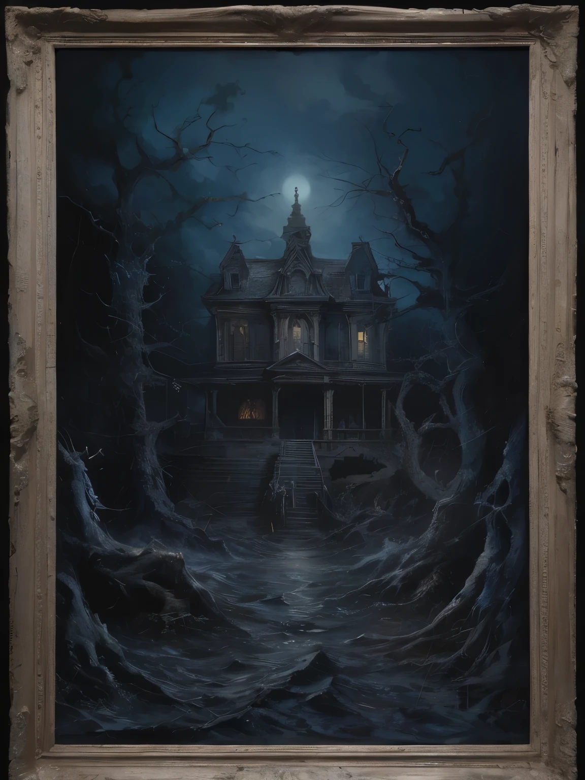 pintura de uma casa assustadora com uma cara assustadora no escuro, arte detalhada de terror em 4k, elegante arte de terror, pintura assombrada, sinister nostalgic concept art, Detailed 3D Gothic Oil Painting, arte da capa detalhada, pintura de terror, arte escura altamente detalhada, arte de fantasia de terror, arte de fantasia sombria, arte de terror de fantasia, dark arte de terror de fantasia, southern gothic art